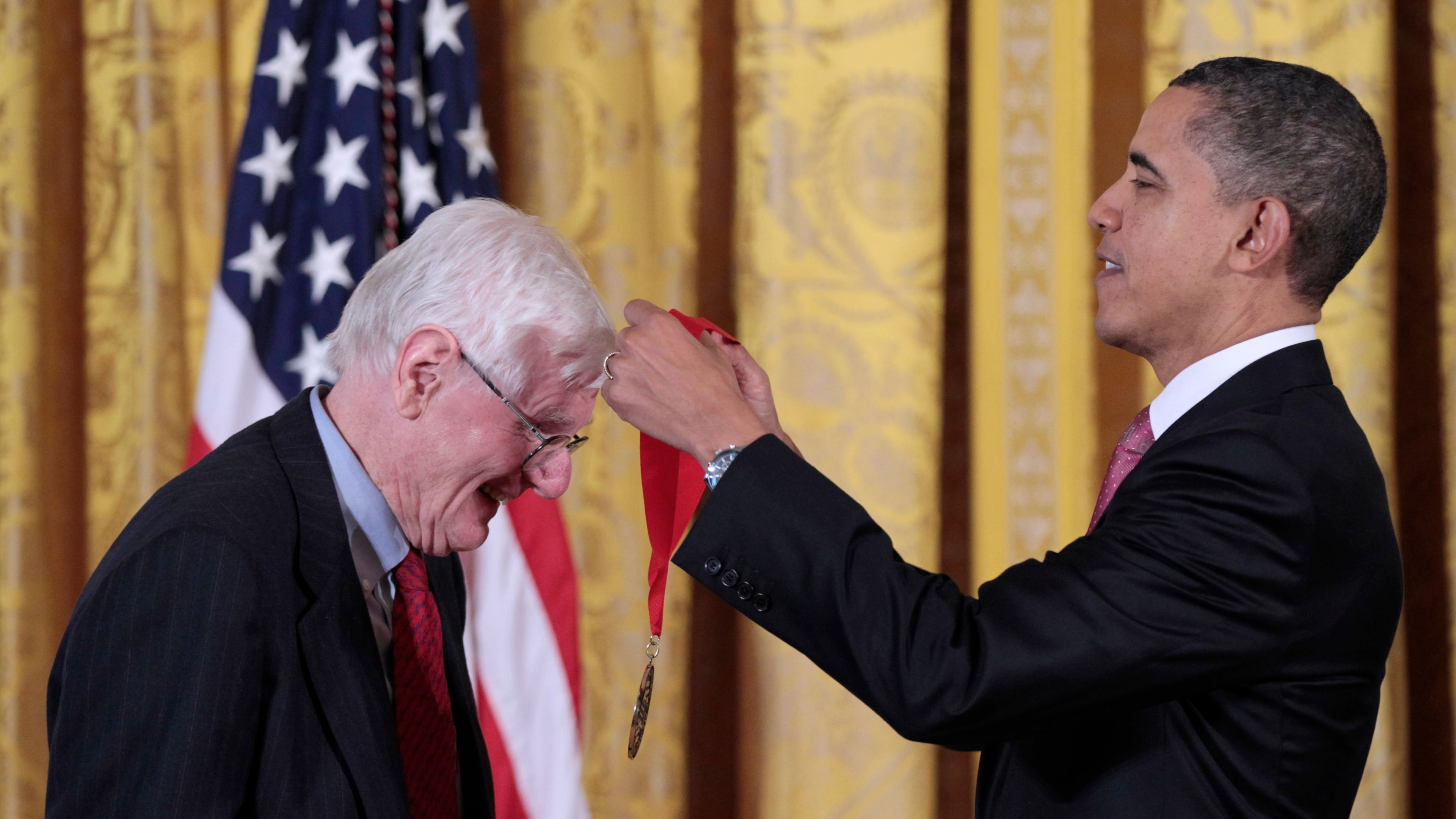 FILE - President Barack Obama presents a National Humanities Medal to author, historian and Brown University professor emeritus, Gordon Wood, during a ceremony in the East Room of the White House in Washington on March 2, 2011. (AP Photo/Pablo Martinez Monsivais, File)