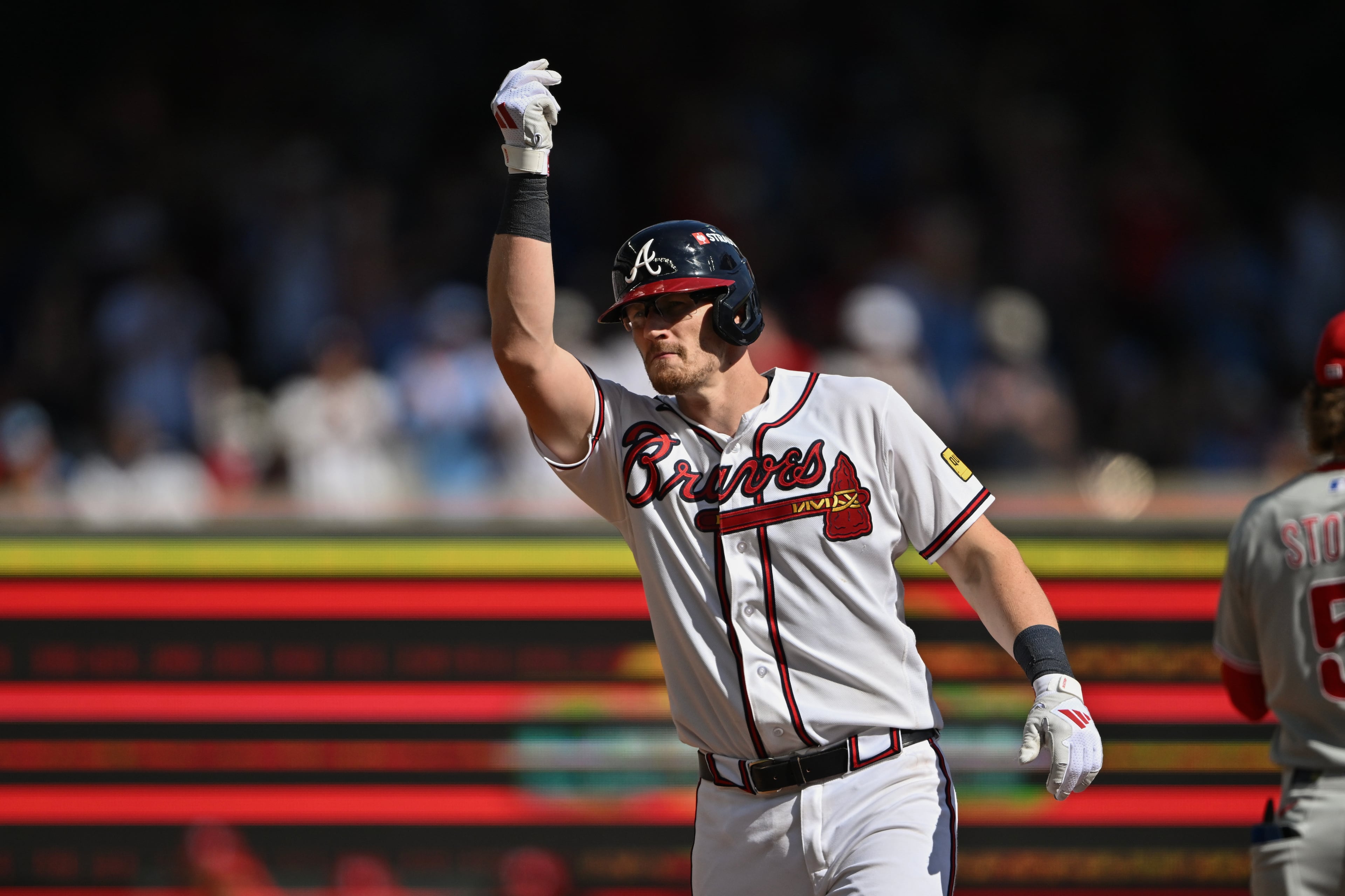 Braves catcher Sean Murphy celebrates after hitting a double against the Phillies during Game 2 of their NL Wild Card Series on Wednesday, Sept. 30, 2026, in Atlanta. (Hyosub Shin/AJC)