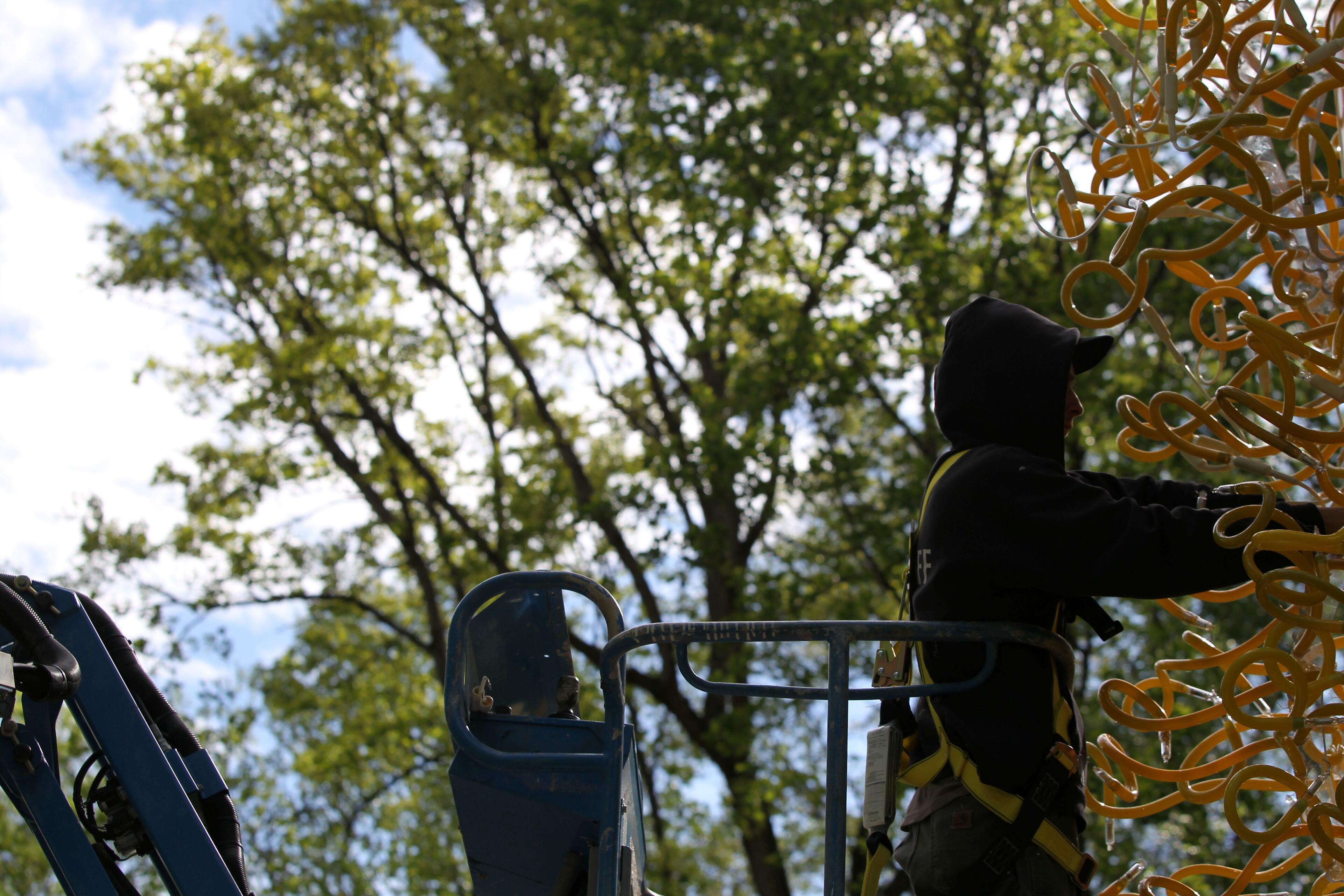 Zach Velkoff, of Seattle, works on Chihuly's "Saffron Tower" at the Atlanta Botanical Gardens. The glass art exhibit featuring 20 glass sculpture installations will open on April 30. TAYLOR CARPENTER / TAYLOR.CARPENTER@AJC.COM