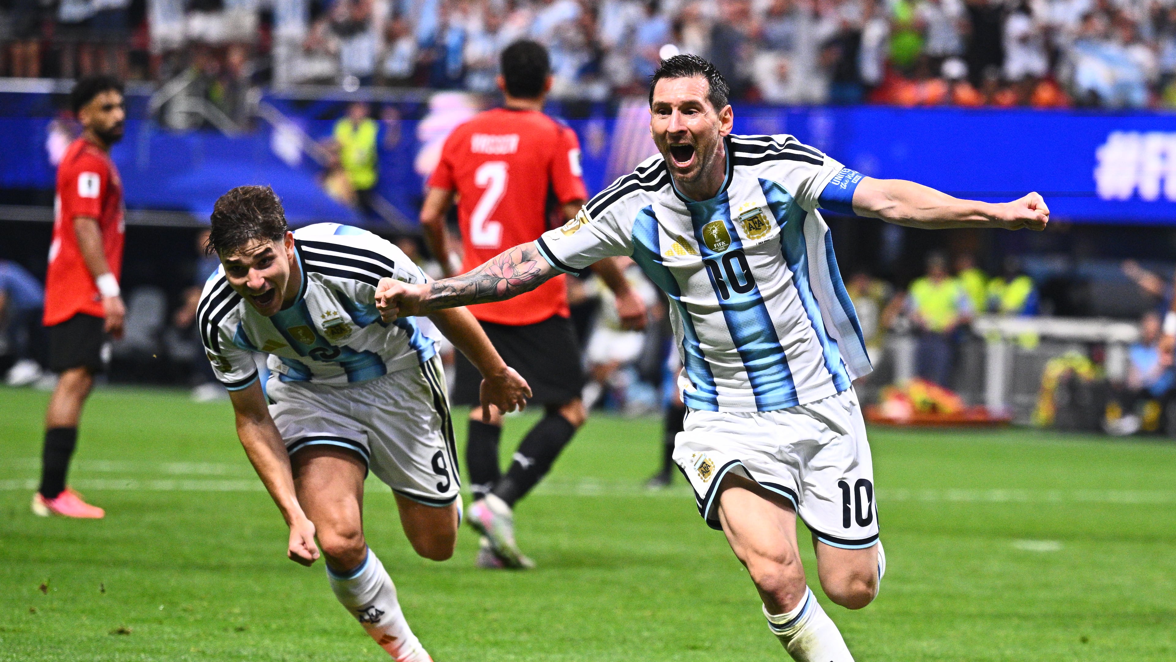 Argentina's Lionel Messi (10) celebrates scoring their second goal during the World Cup round of 16 soccer match between Argentina and Egypt in Atlanta, Tuesday, July 7, 2026. (AP Photo)