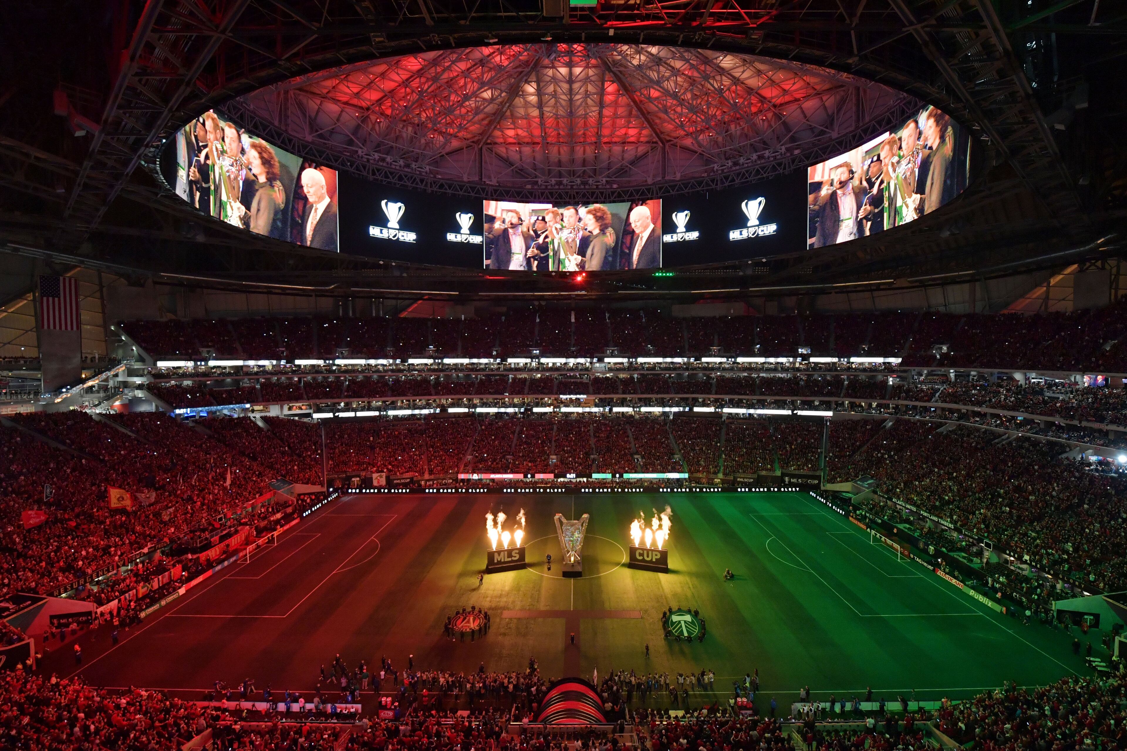 12/8/18 - Atlanta - Pregame ceremonies begin. The Atlanta United soccer team plays the Portland Timbers for the MLS Cup, the championship game of the Major League Soccer League at Mercedes-Benz Stadium in Atlanta. HYOSUB SHIN / HSHIN@AJC.COM