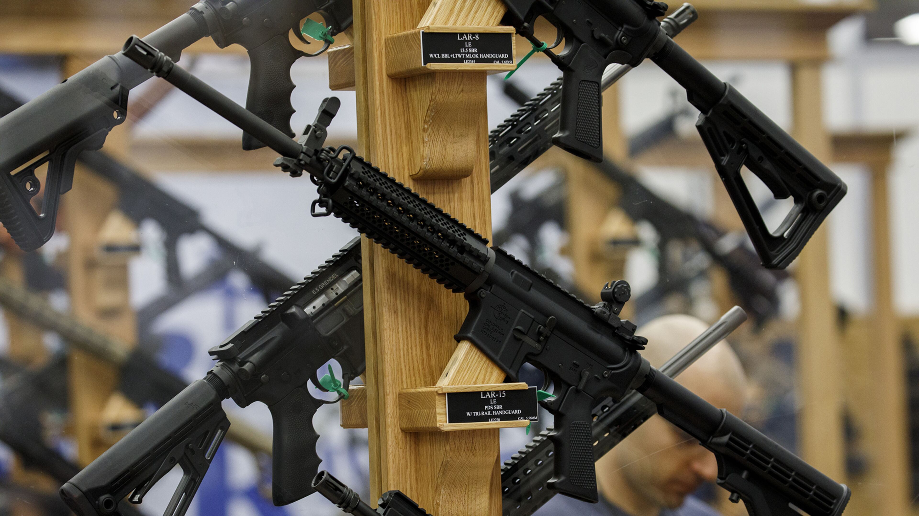 AR-15 style rifles from Rock River Arms are displayed during the National Rifle Association (NRA) annual meeting on May 6, 2018, in Dallas. (Patrick Fallon/ZUMA Wire/TNS)