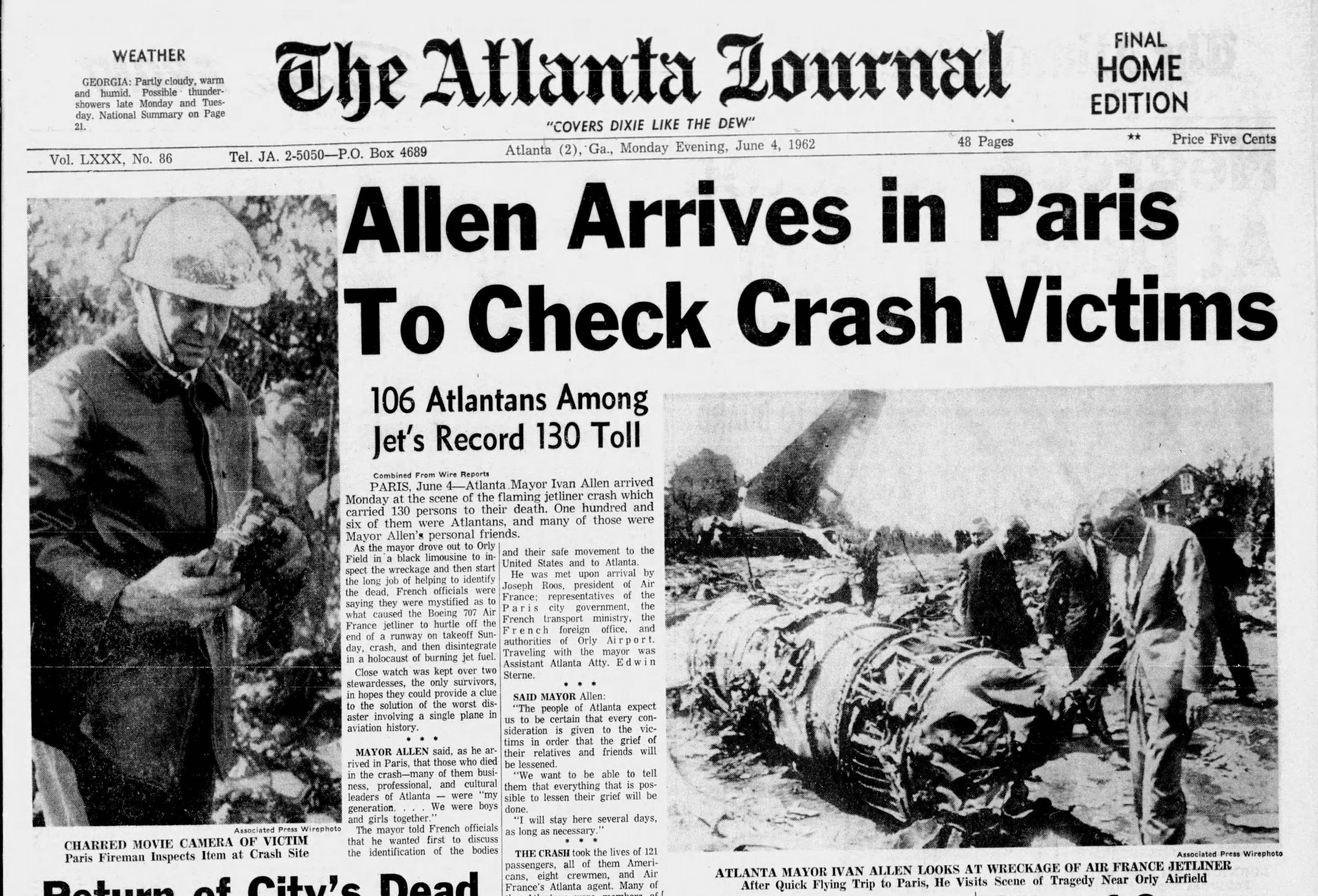 The front page from the Atlanta Journal's June 4, 1962, edition documenting Atlanta Mayor Ivan Allen's visit to the site of the Orly plane crash in Paris, where 106 Atlantans died. (AJC archival image)