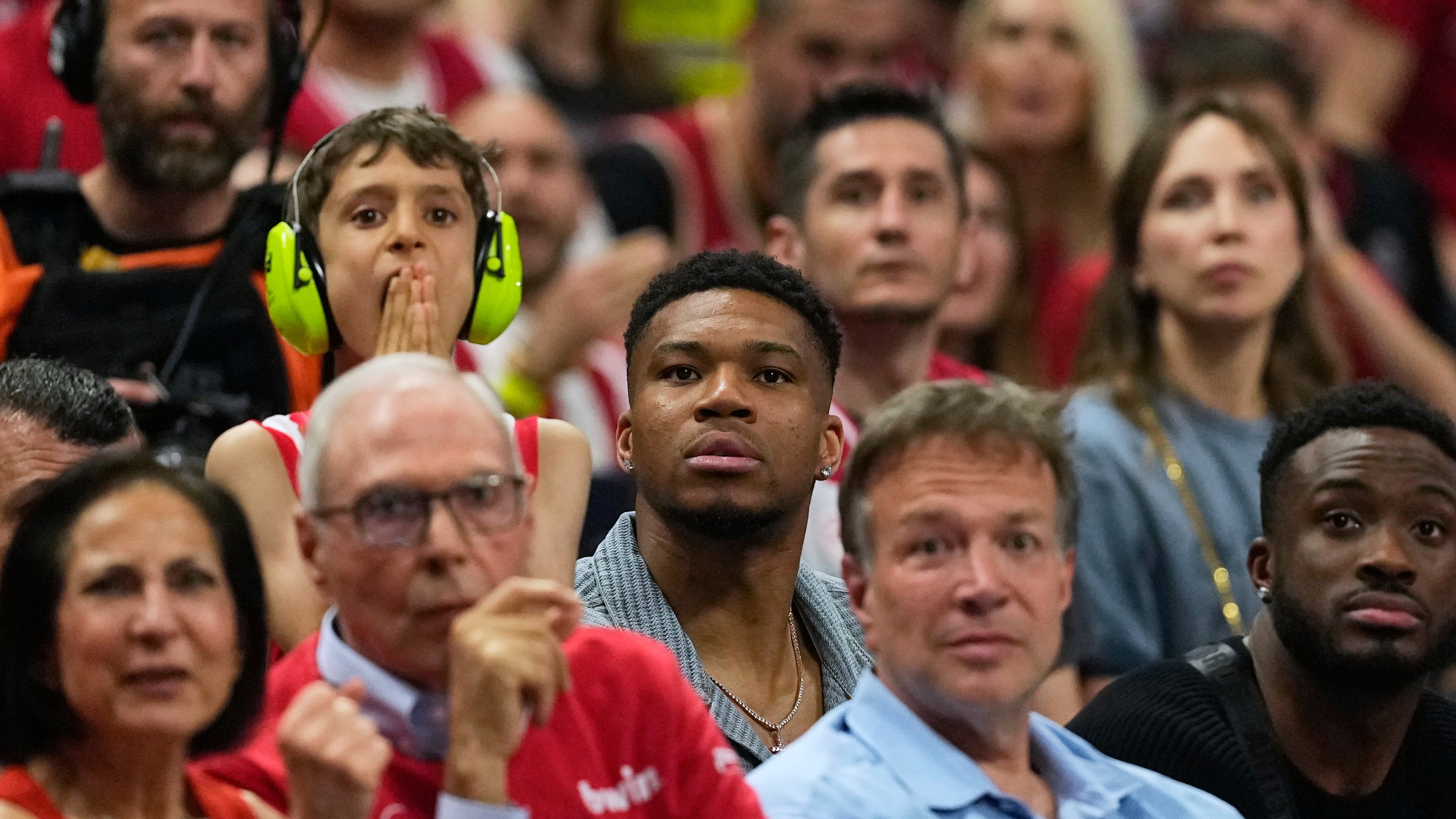 Giannis Antetokounmpo of the Milwaukee Bucks, center, looks on during the Euroleague final basketball match between Olympiacos and Real Madrid in Athens, Greece, Sunday, May 24, 2026. (AP Photo/Thanassis Stavrakis)