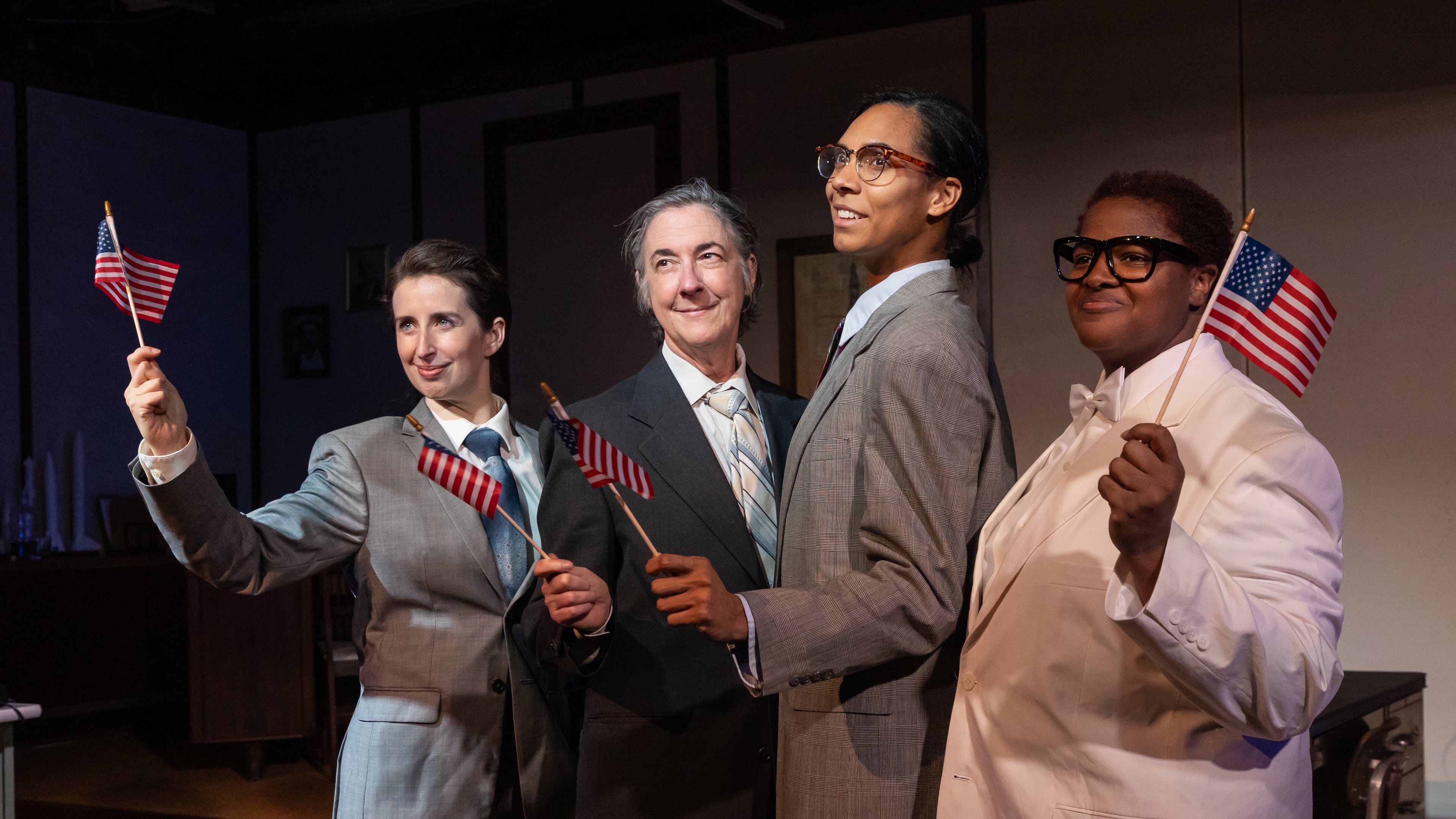 "The Rocket Men" features a cast of all female actors, including Amelia Fisher as Wernher Von Braun (from left), Suzanne Roush as Arthur Rudolph, Imani Joseph as William A. Mrazek and Vallea E. Woodbury as Helmut Hoelzer. (Courtesy of Casey Gardner Ford)