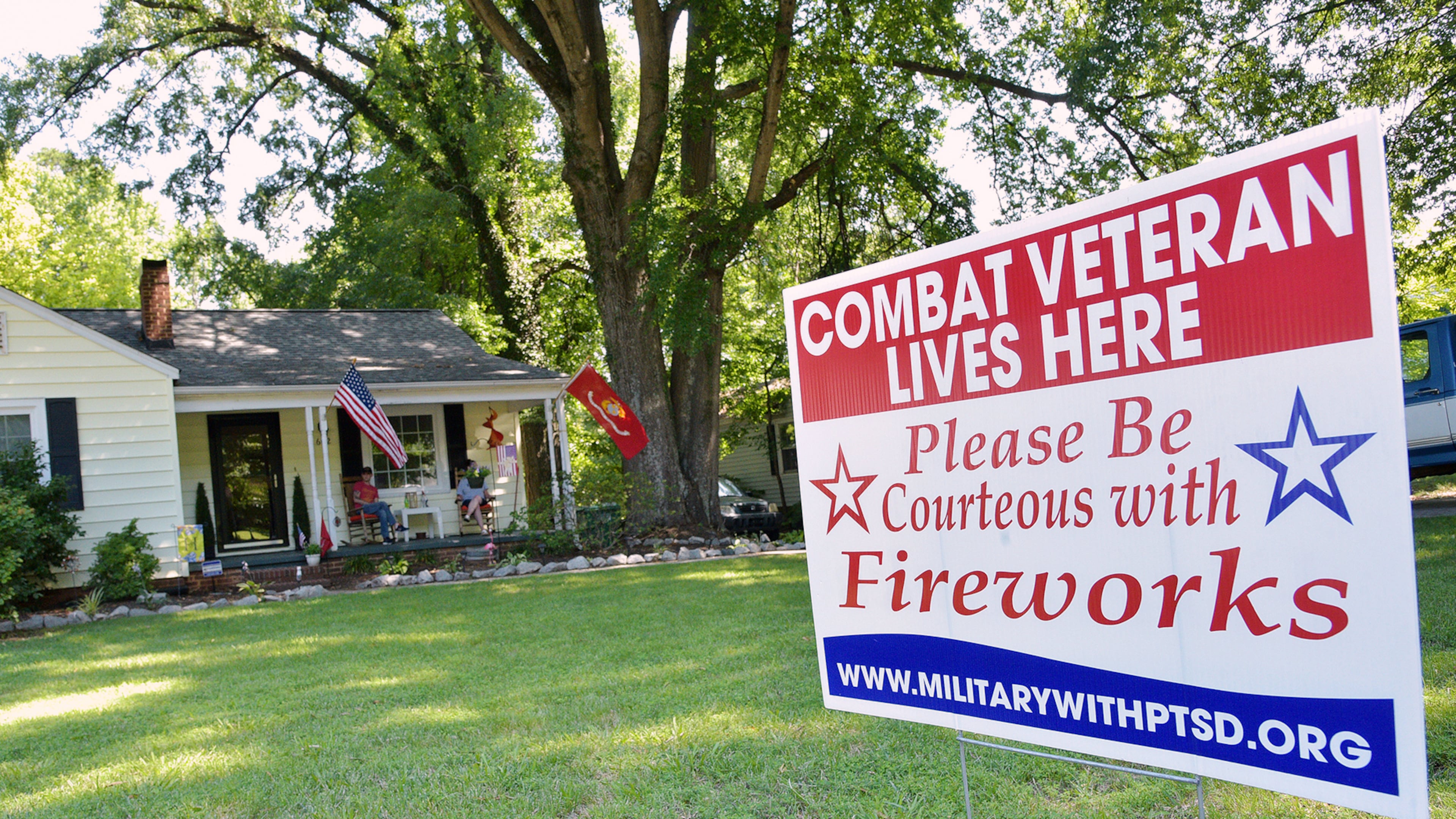FILE - A sign stands in former U.S. Marine Kevin Haynes' yard, June 29, 2017, in High Point, N.C. (Laura Greene/The High Point Enterprise via AP, File)
