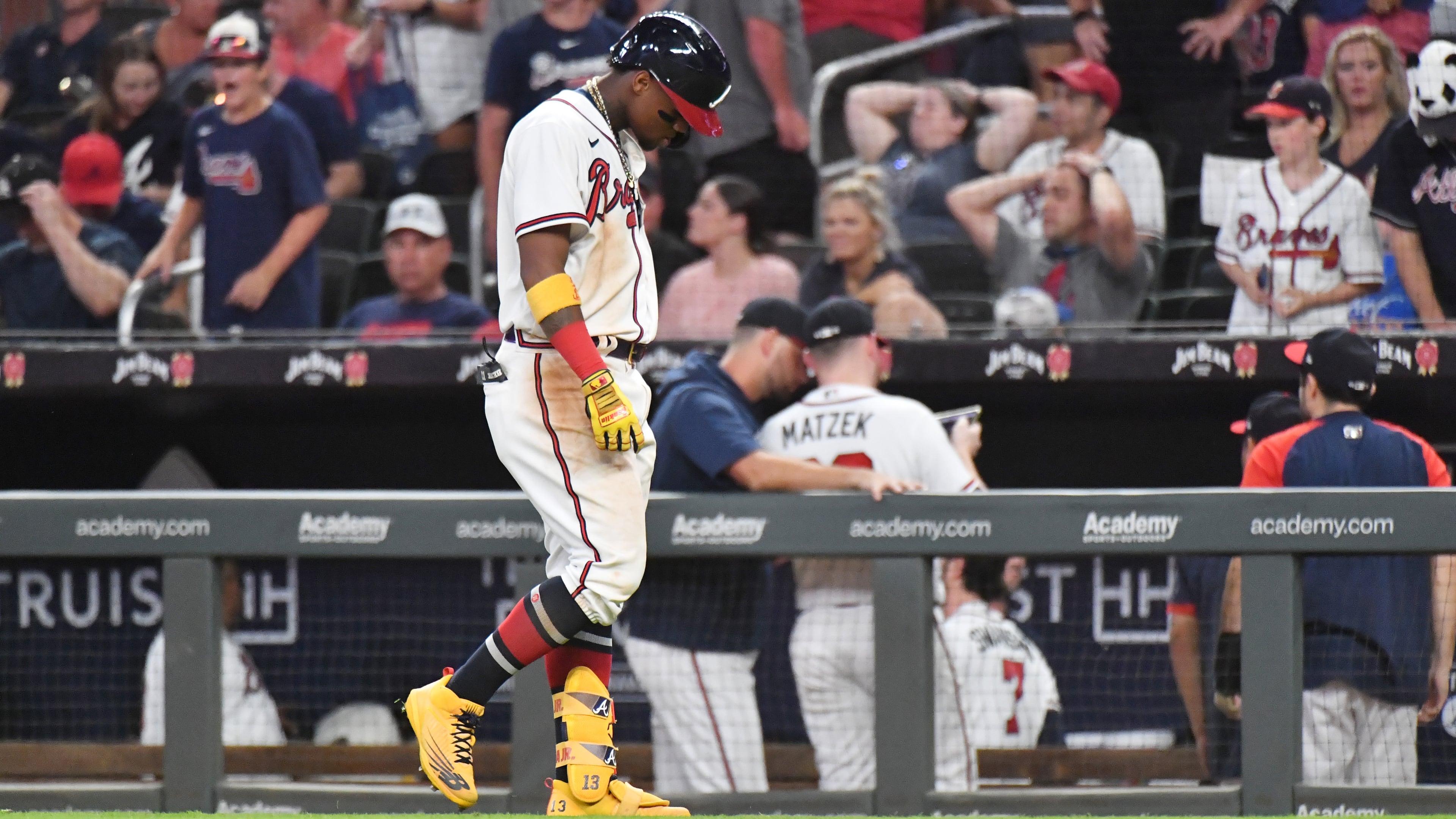 Ronald Acuna reacts after flying out to end Tuesday's 4-3 loss to the Mets at Truist Park.