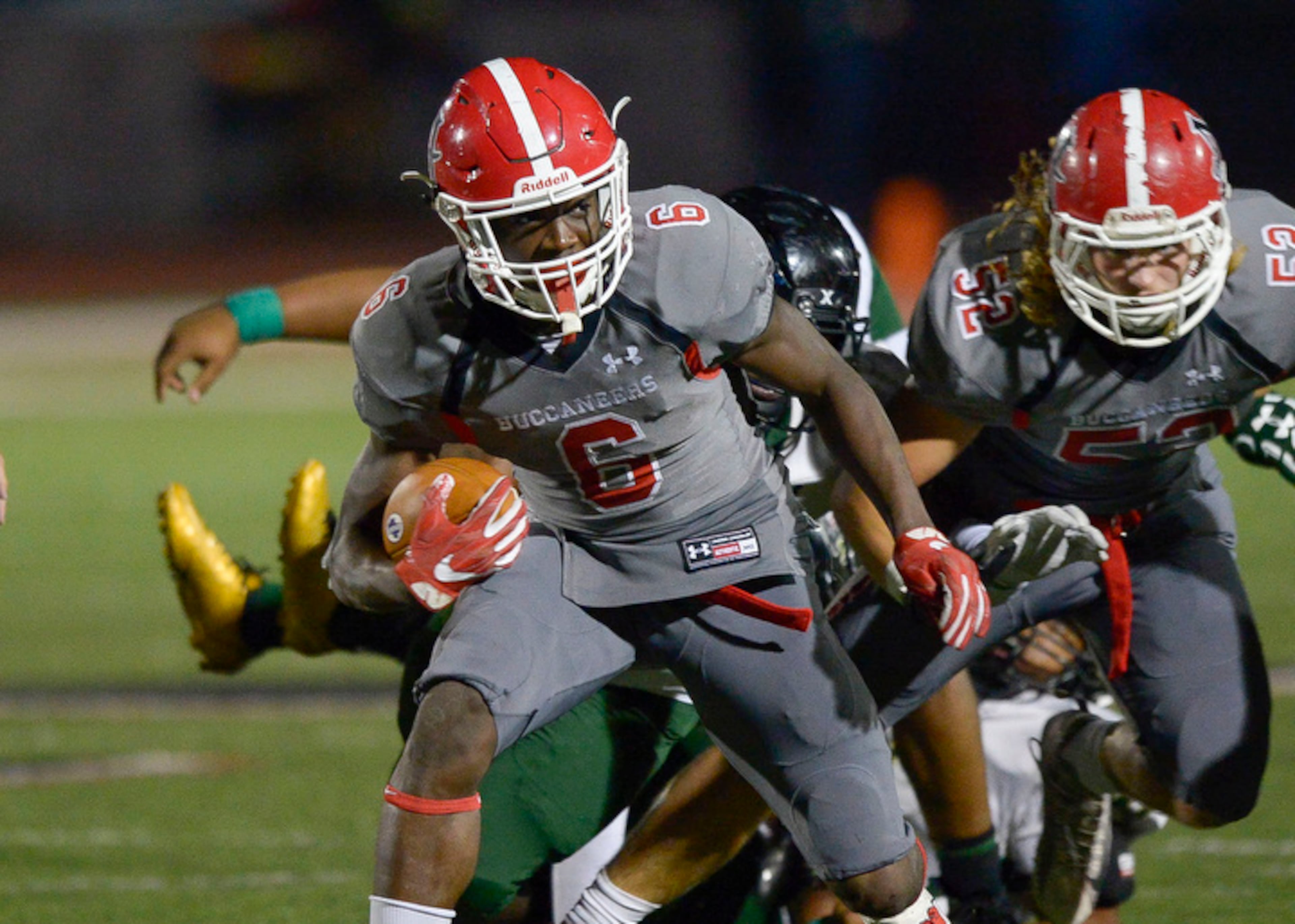 Acworth, Ga . -- Allatoona senior Adrian Boyd (6) carries the ball for yardage in the second half of his game against Langston Hughes at Allatoona High School Friday, November 10, 2017. Special/Daniel Varnado