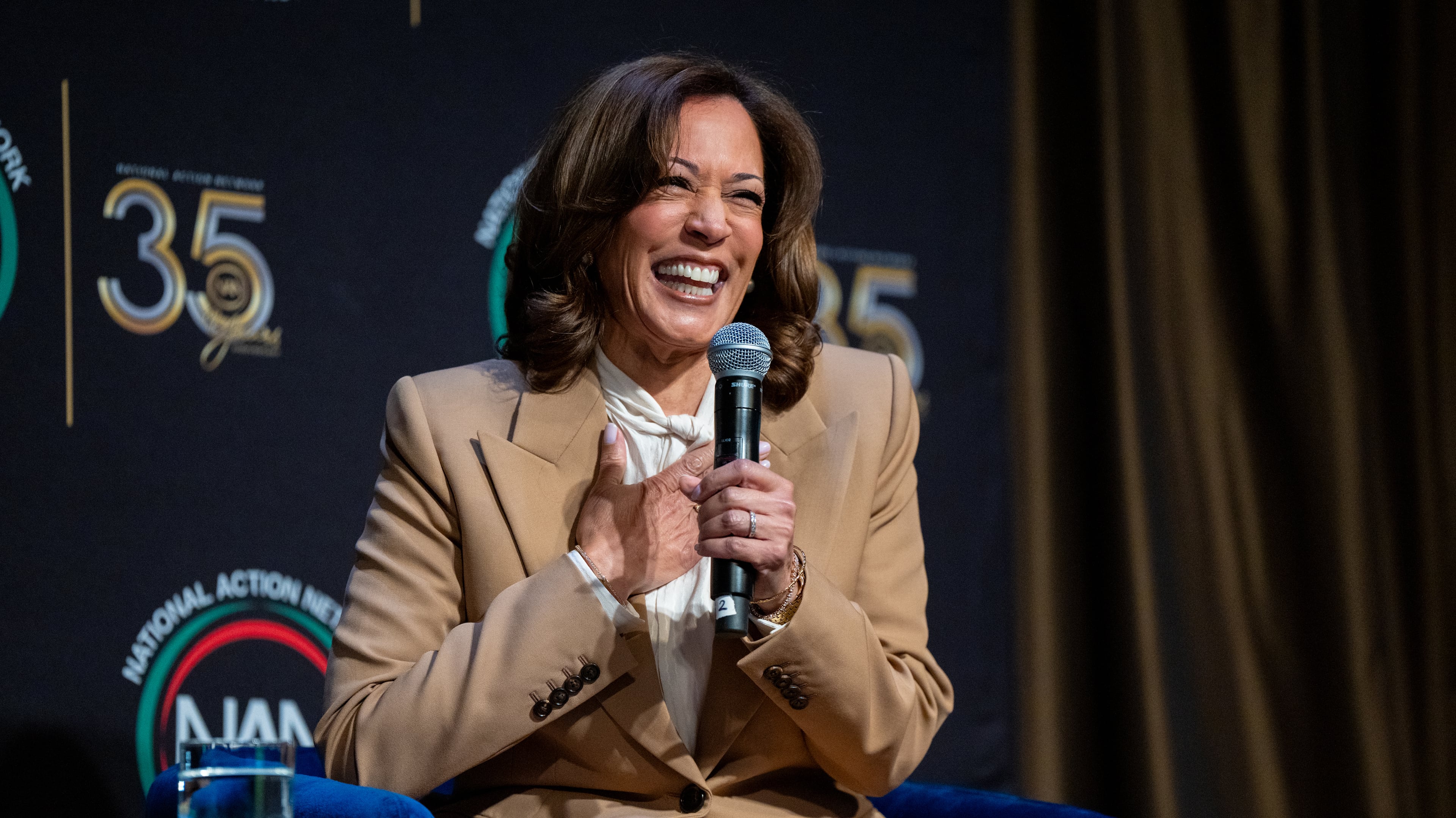 FILE - Former Vice President Kamala Harris speaks during the National Action Network Convention in New York, April 10, 2026. (AP Photo/Angelina Katsanis, File)