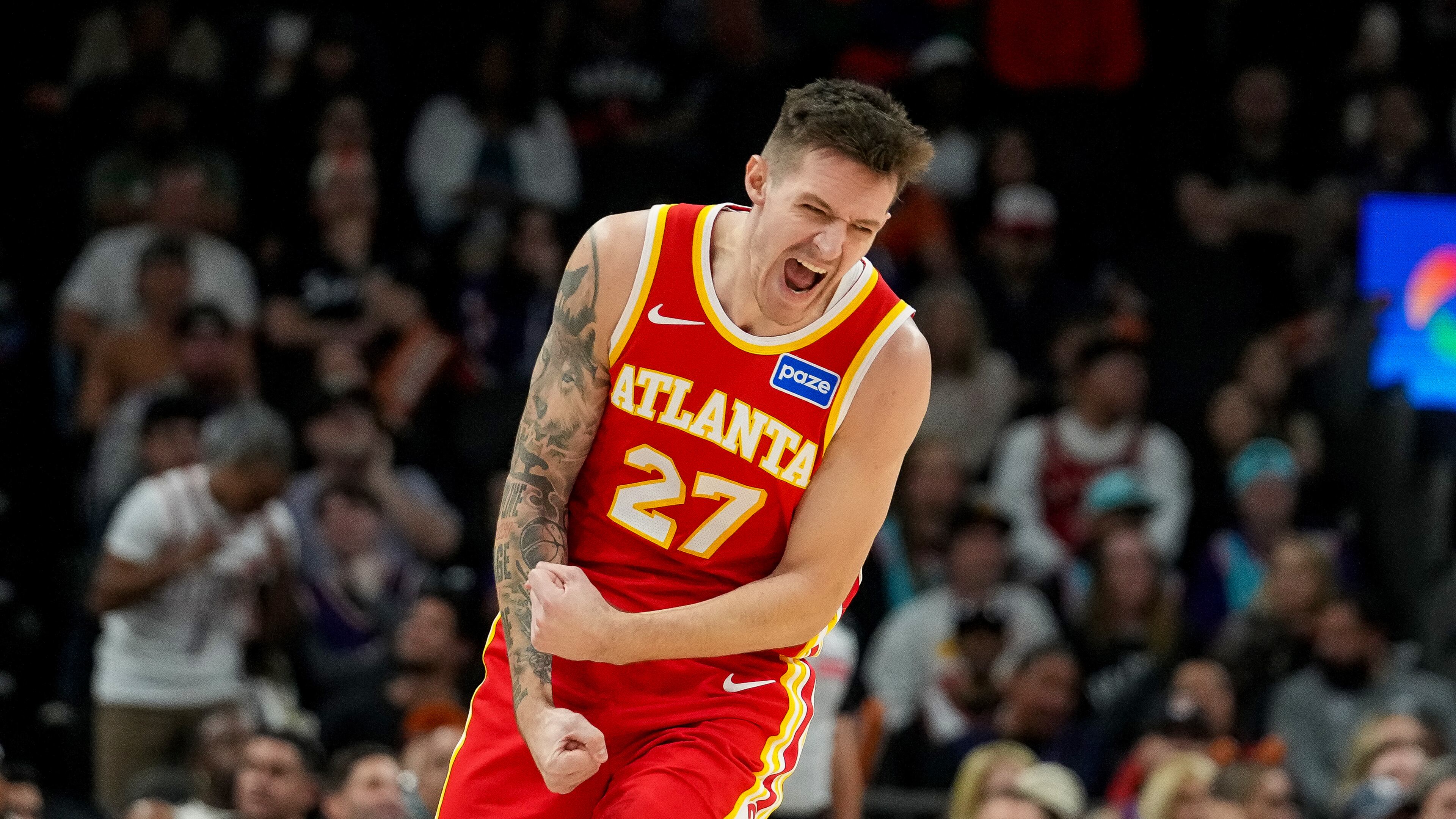 Atlanta Hawks guard Vit Krejci celebrates hitting a 3-pointer against the Phoenix Suns during the second half of Sunday's game Nov. 16, 2025. (Darryl Webb/AP)
