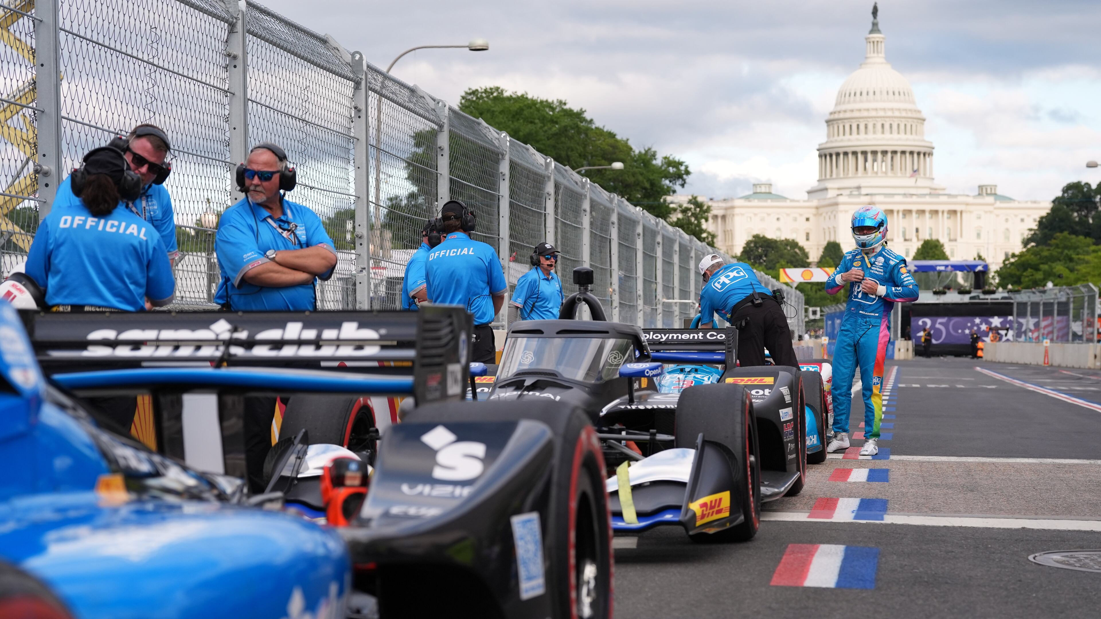 Race car diver Scott McLaughlin gets out of his car after a qualifying race prior to Sunday's Freedom 250 Grand Prix auto race in Washington, Saturday, Aug. 22, 2026.(AP Photo/Alex Brandon)