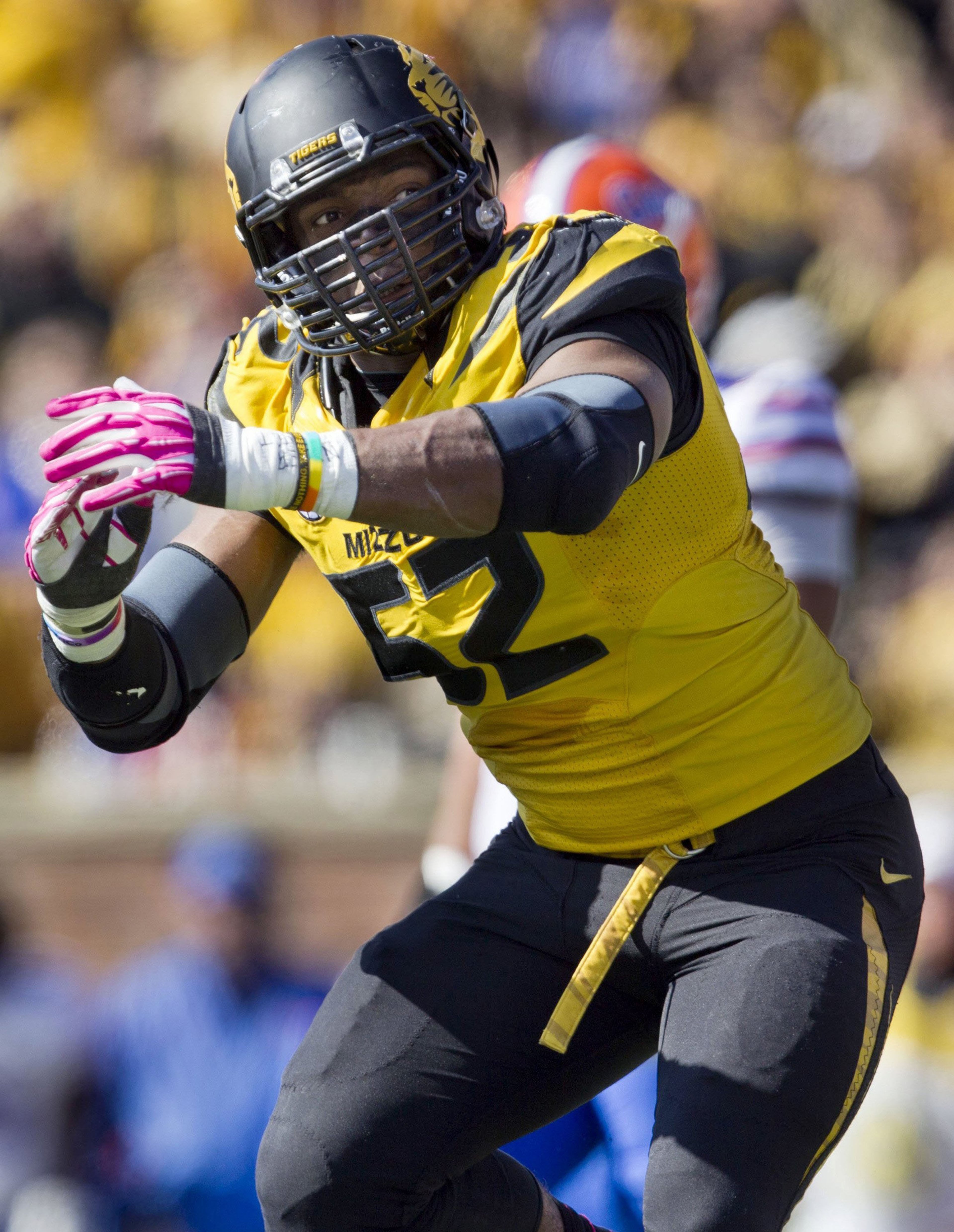 Missouri Tigers defensive lineman Michael Sam celebrates a big play against Florida on October 19, 2013.