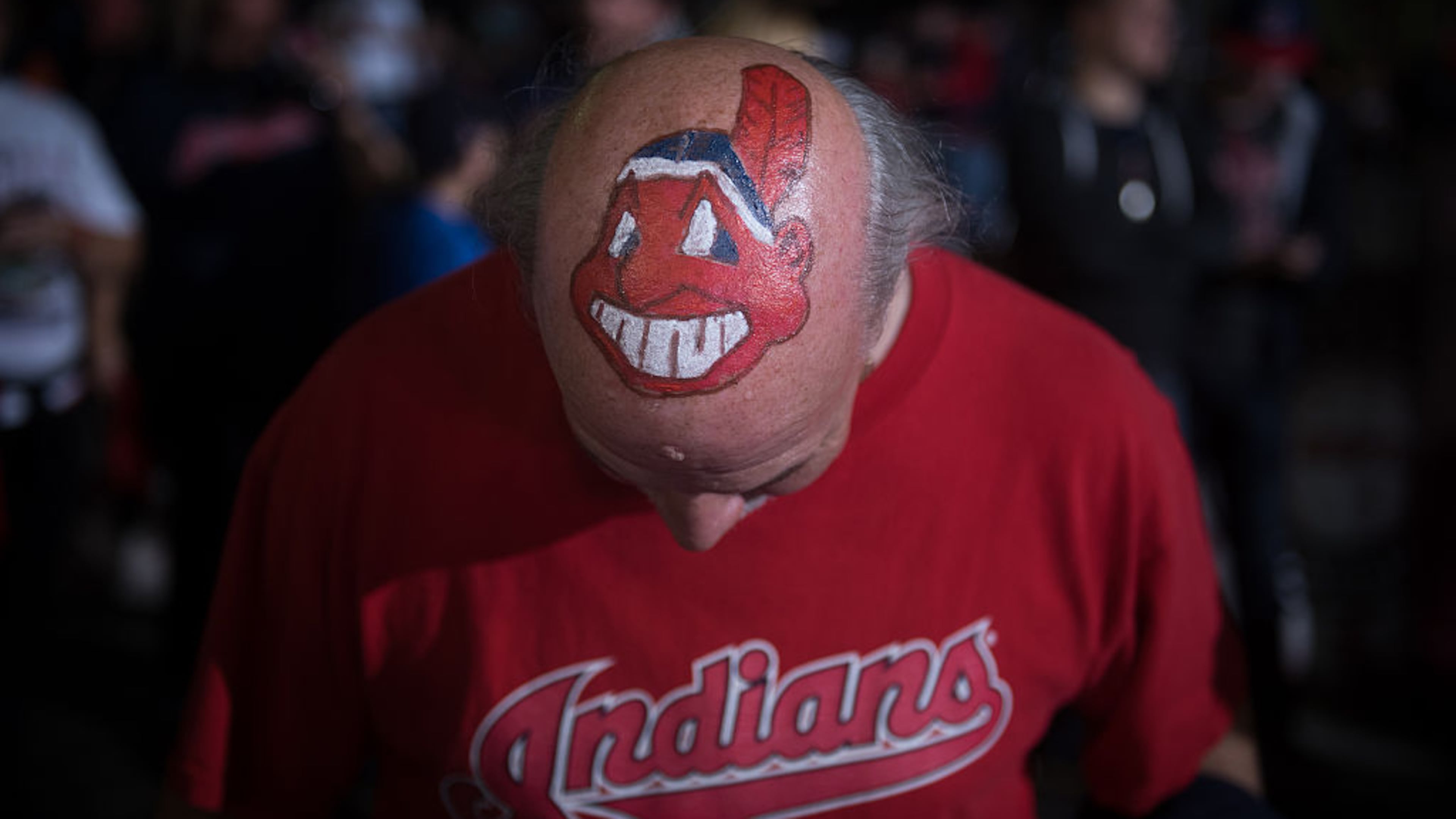 Jim Schulz of Elyria shows off his Cleveland Indians mascot painted head outside of Progressive Field prior to game 6 of the World Series against the Chicago Cubs on November 1, 2016 in Cleveland, Ohio. (Photo by Justin Merriman/Getty Images)