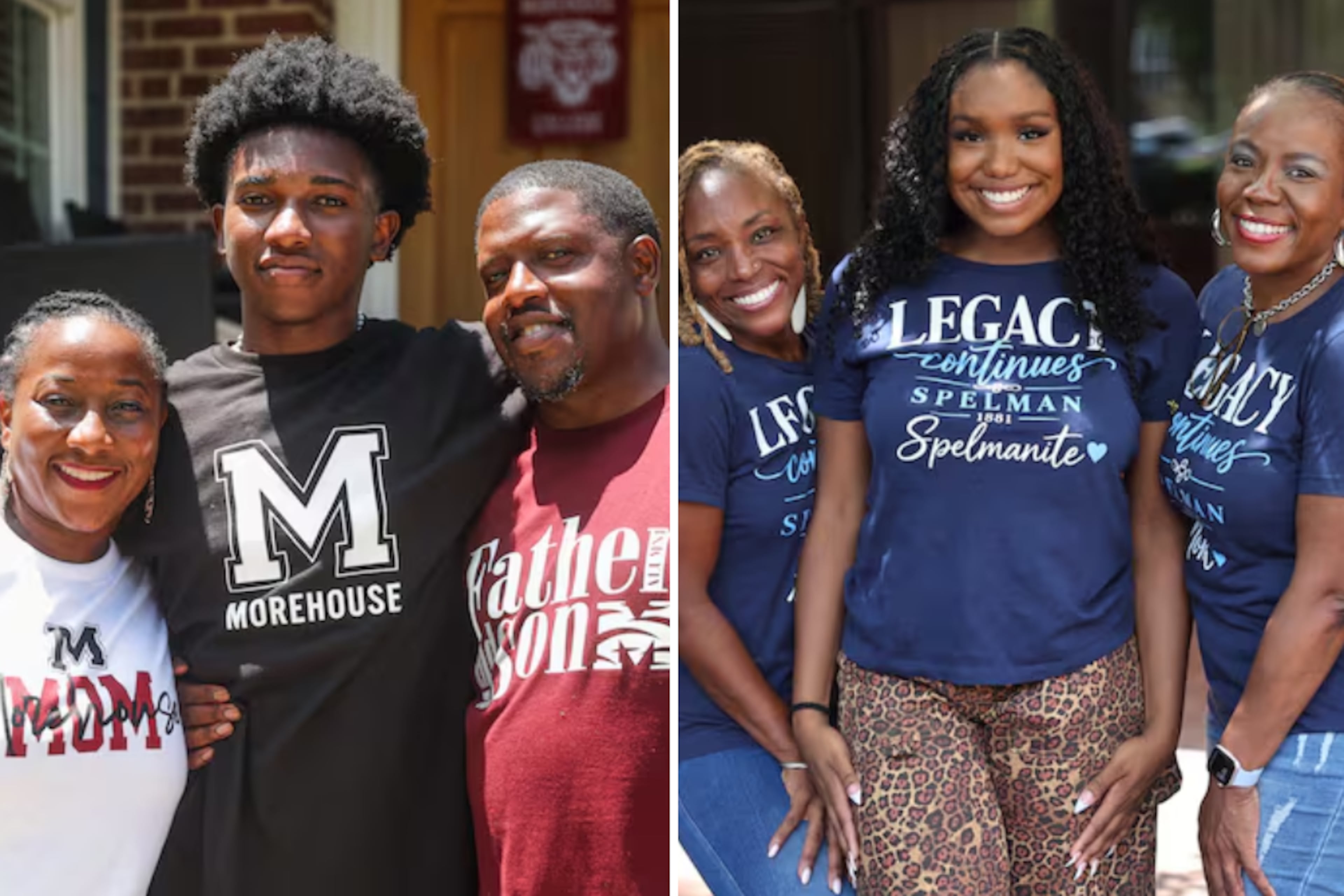 At left, first-year Morehouse student Evan Parker (center) poses with mother Keilani Parker (left) and father Sarquis Parker (right) at Evan’s graduation party outside of their Atlanta home on Sunday, Aug. 2, 2026. At right, first-year Spelman Brooke Spiva (center) poses with aunt Tenaya Watson (left) and mother Yolanda Watson Spiva (right) on Spiva’s move-in day at Spelman College on Aug. 11, 2026. (Abbey Cutrer/AJC; Arvin Temkar/AJC)