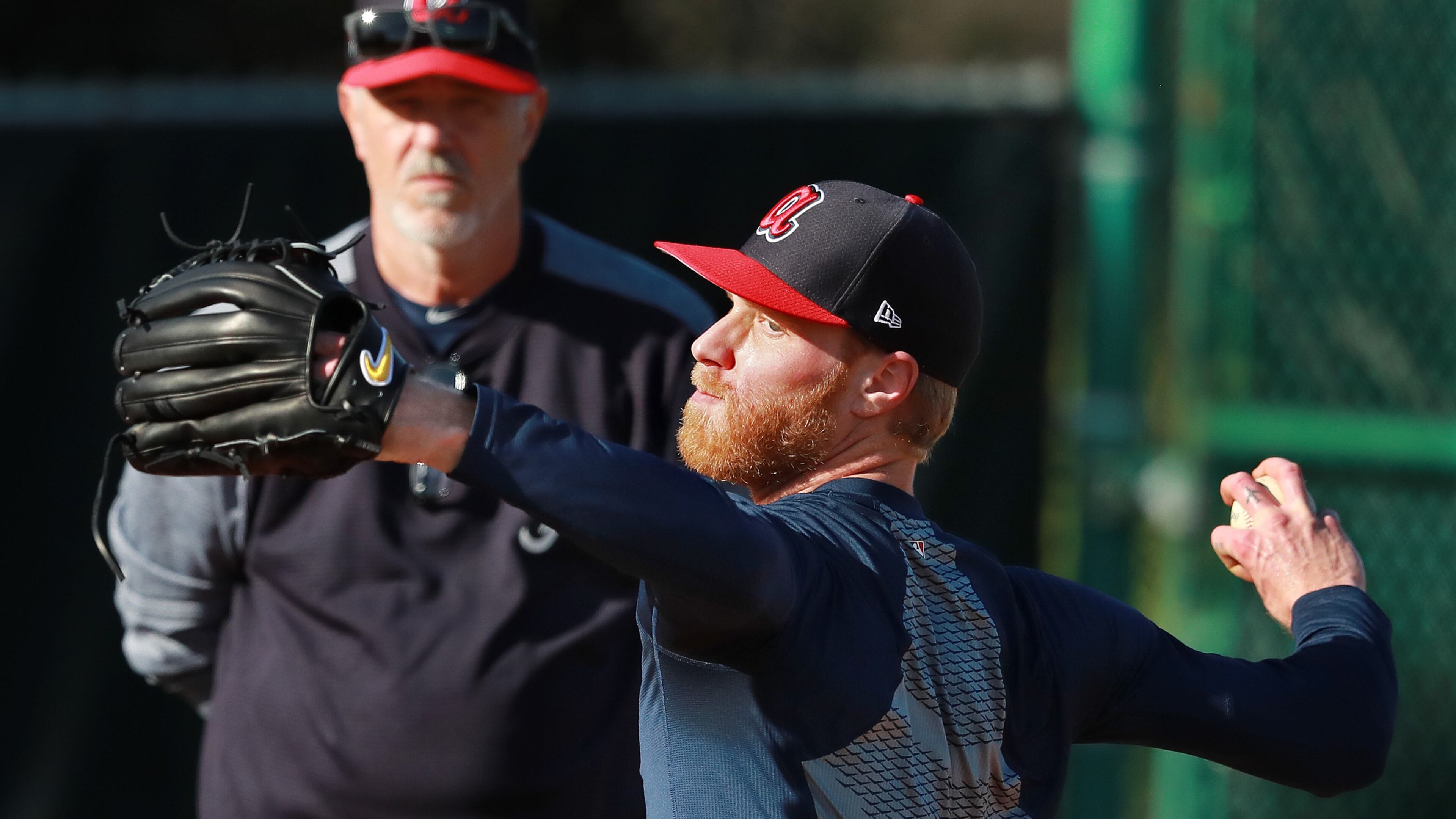 Atlanta Braves new pitching coach Rick Kranitz works with Mike Foltynewicz in the bullpen as pitchers and catchers report for the first day of spring training at the ESPN Wide World of Sports Complex on Friday, Feb. 15, 2019, in Lake Buena Vista. Curtis Compton/ccompton@ajc.com
