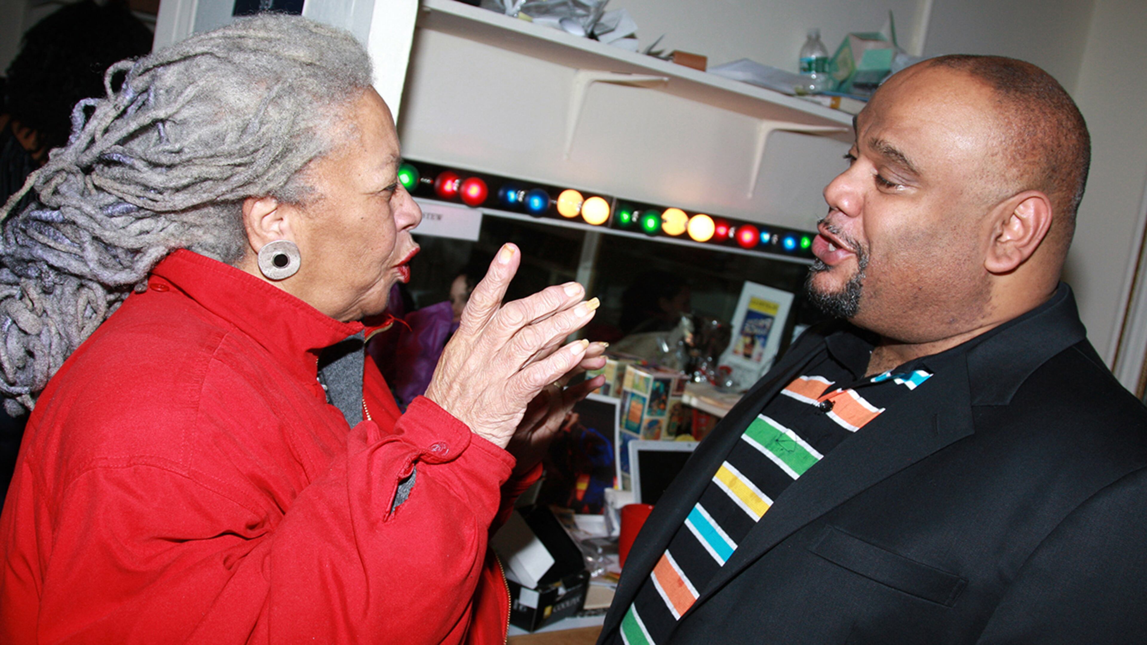 Playwright/Author/Actor Stew and Novelist/Author/Professor Toni Morrison backstage on Opening Night for The New Broadway Musical "Passing Strange" on February 28, 2008 in New York City.