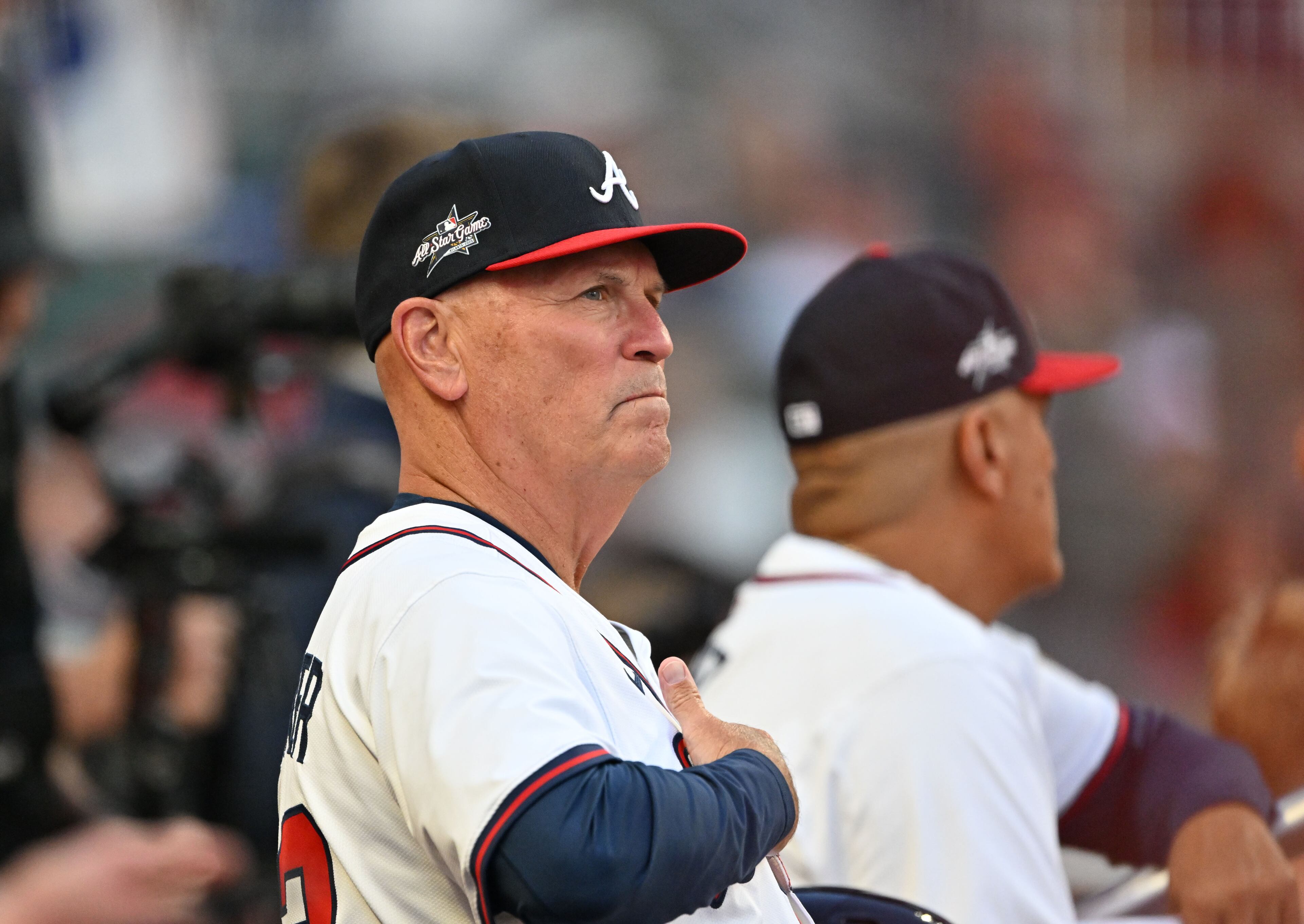 Atlanta Braves manager Brian Snitker (43) watches during the second inning of home opener baseball game at Truist Park, Friday, April 4, 2025, in Atlanta. (Hyosub Shin / AJC)