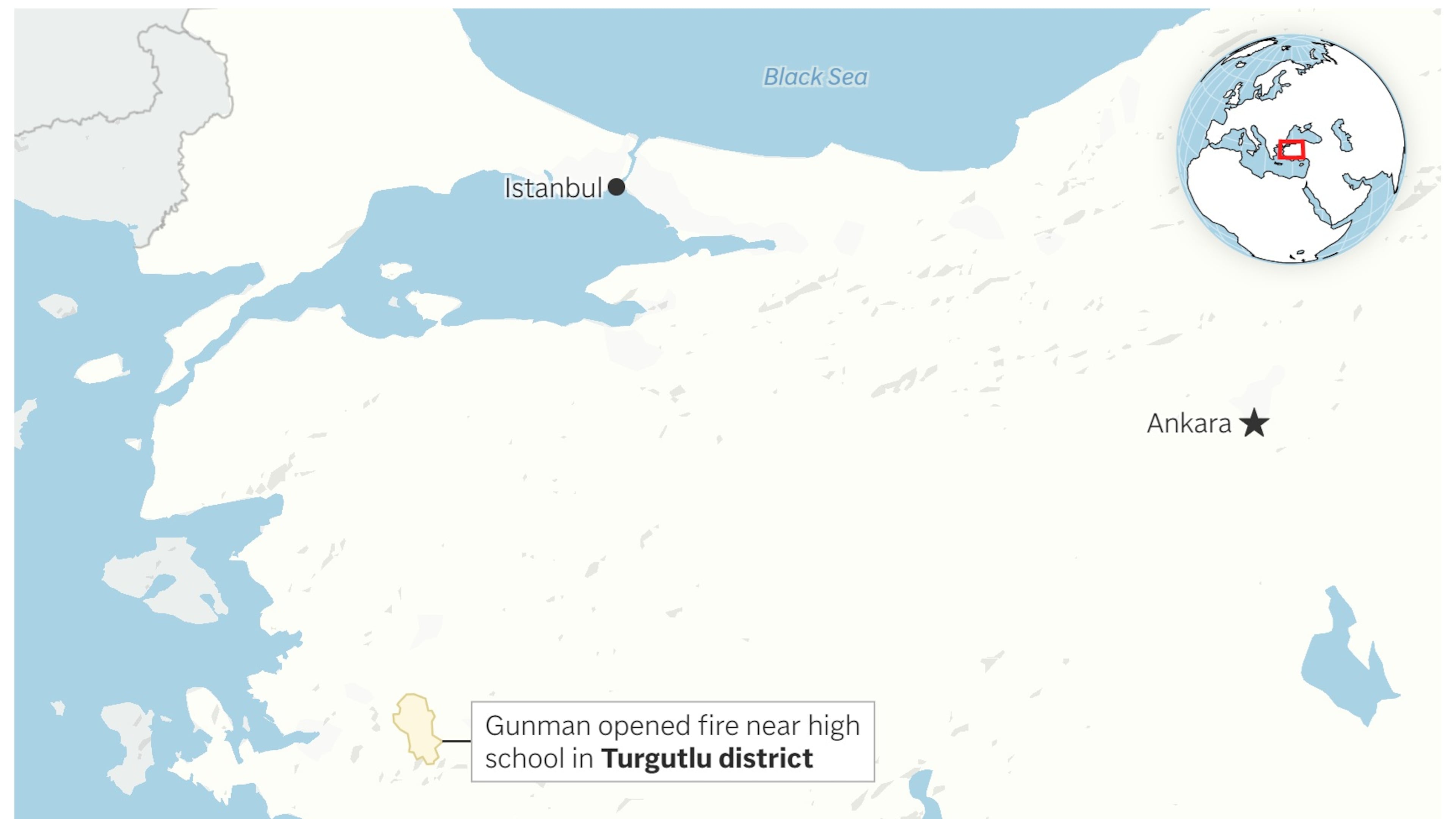 A map showing Turgutlu district in Turkey, where a gunman opened fire near a high school. (AP Digital Embed)