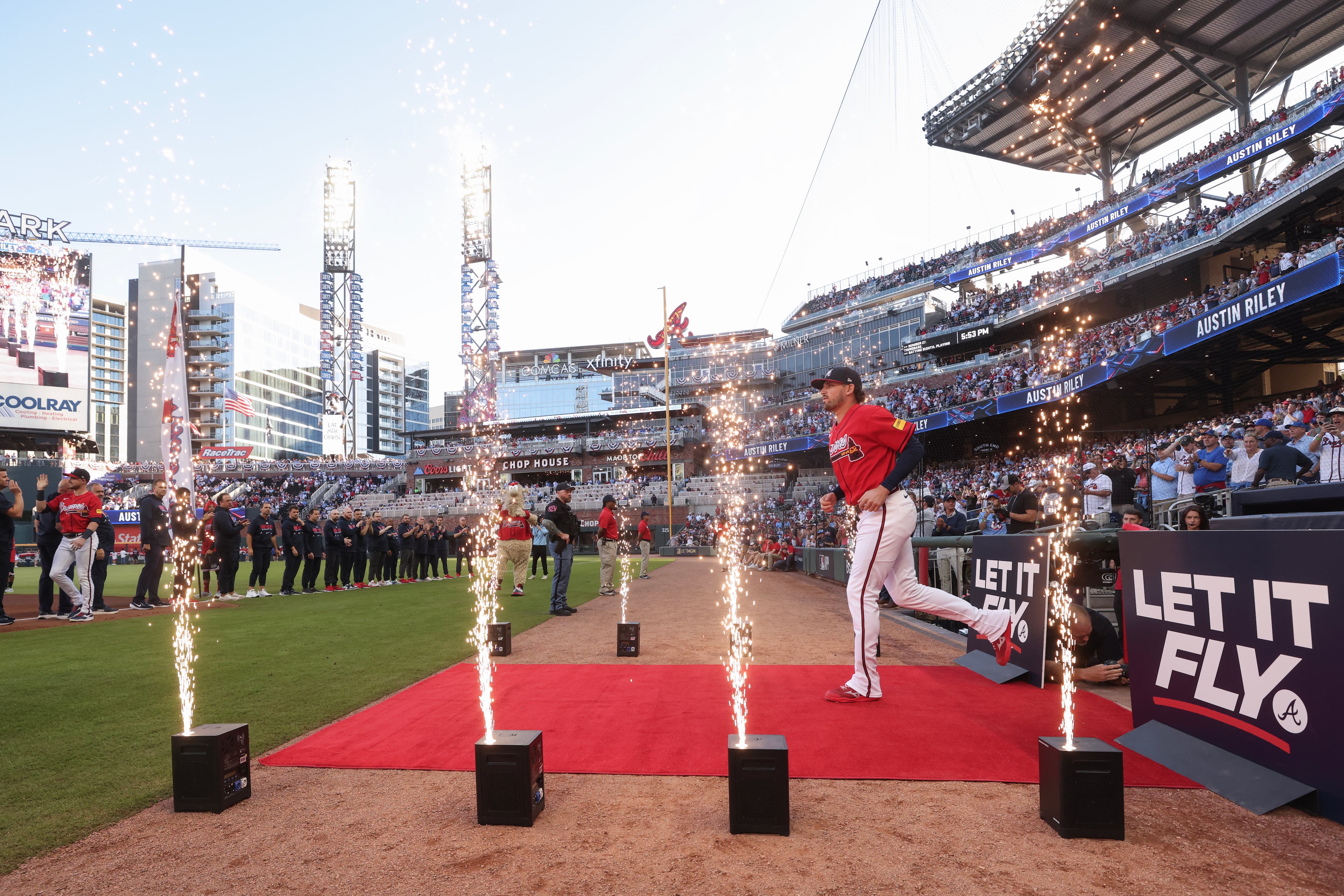 Atlanta Braves third baseman Austin Riley (27) is introduced before Game 3 of the MLB National League Division Series between the Atlanta Braves and the Los Angeles Dodgers, Tuesday, Oct. 6, 2026, in Atlanta. (Jason Getz/AJC)