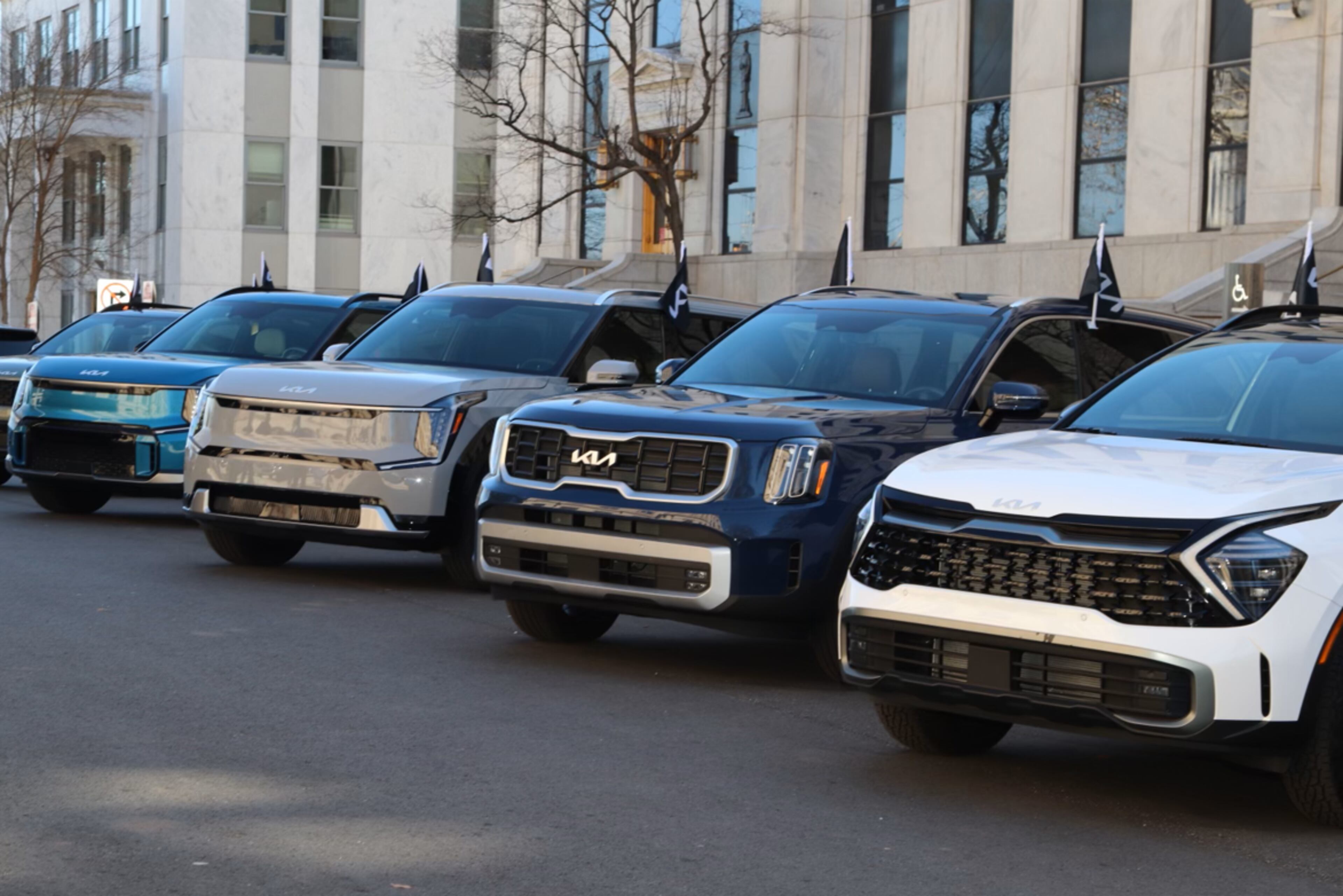 These are the first Kia EV9s to be built in Georgia at the company's West Point factory. They were parked outside the state Capitol on Feb. 13, 2024. (Courtesy of Kia America)
