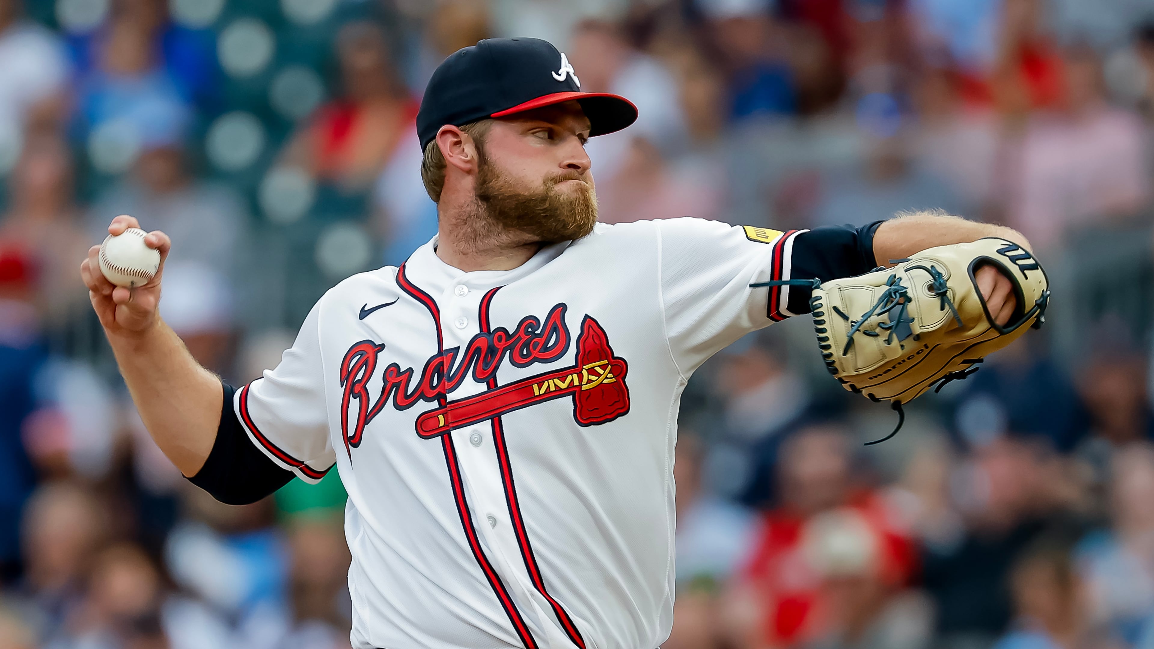 Atlanta Braves pitcher Bryce Elder delivers to a San Diego Padres batter during the first inning of a baseball game, Monday, July 20, 2026, in Atlanta. (AP Photo/Erik S. Lesser)