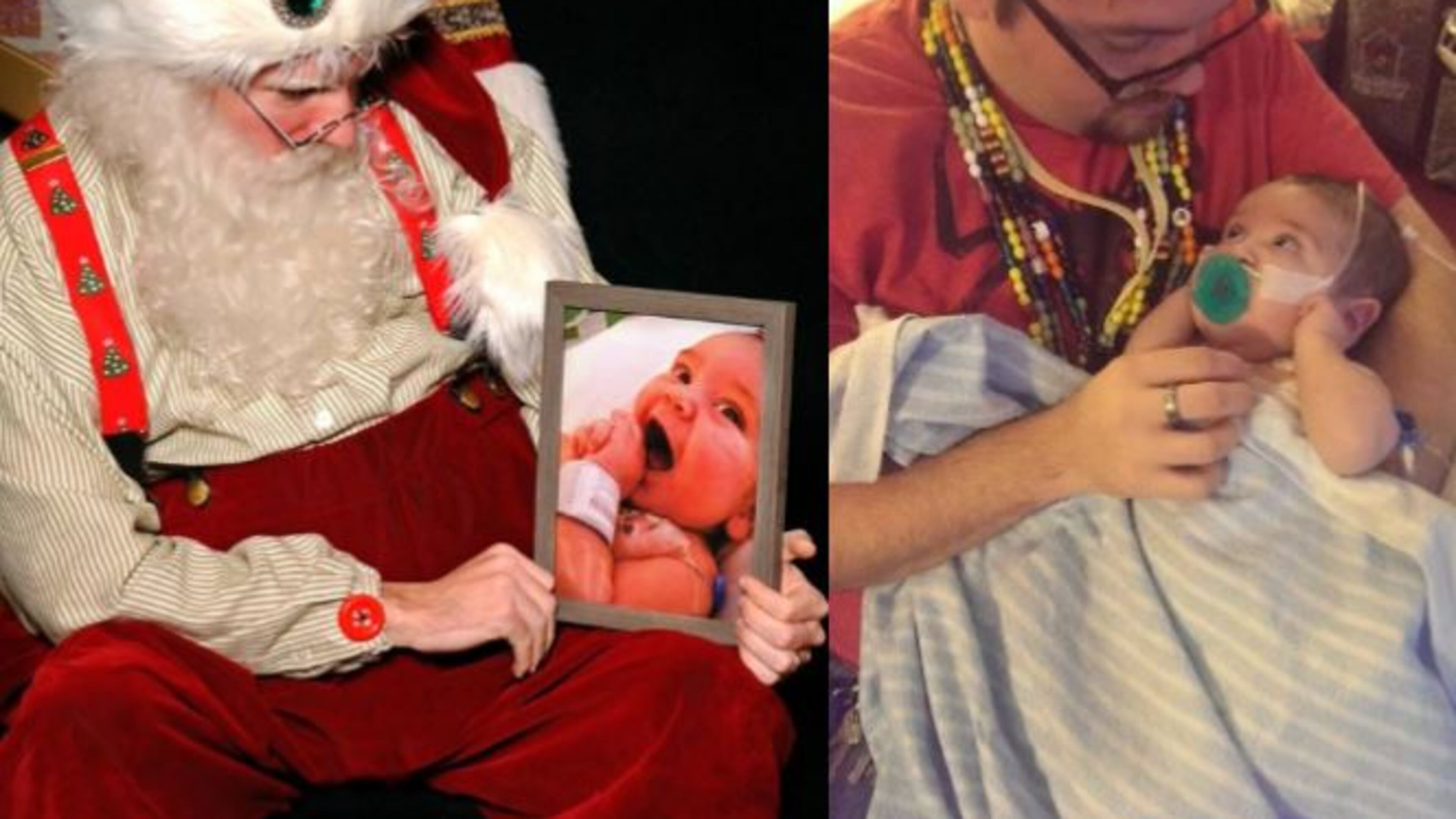 Caleb Ryan Sigmon fulfills request for photo with deceased Hayden Daniel (left) and father Kyle Daniel wears beads of courage around his neck as he holds son Hayden (right.) Hayden, born with a congenital heart defect, passed away in December 2014.