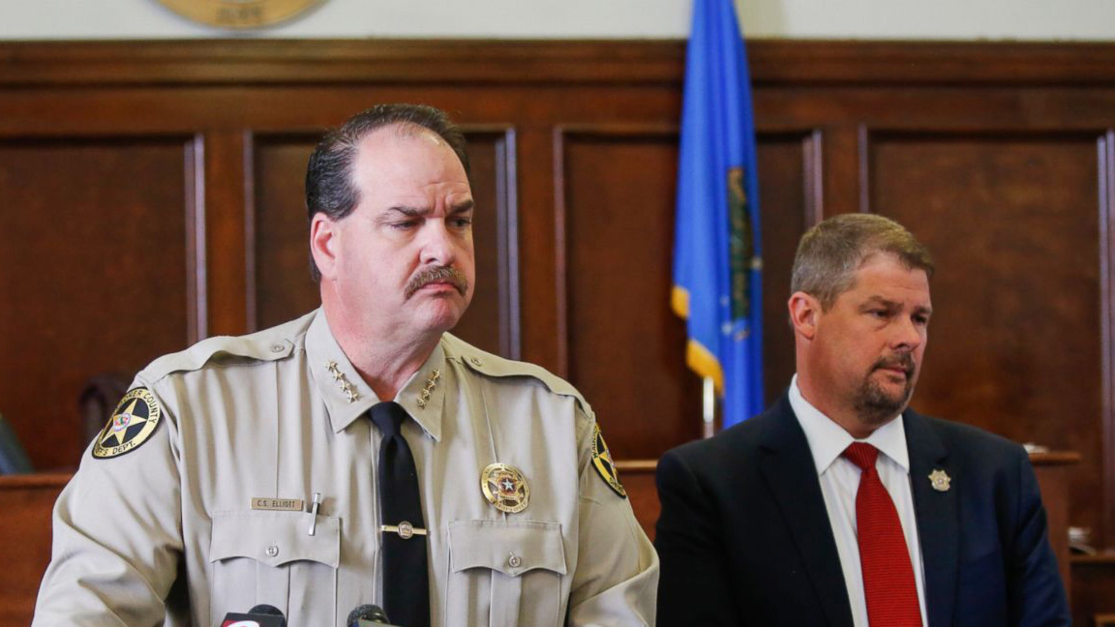 Wagoner County Sheriff Chris Elliott speaks to media about Elizabeth Rodriguez, the getaway driver in a failed burglary resulting in the death of three, at the Wagoner County Courthouse on Monday, April 3, 2017, in Wagoner, Okla.