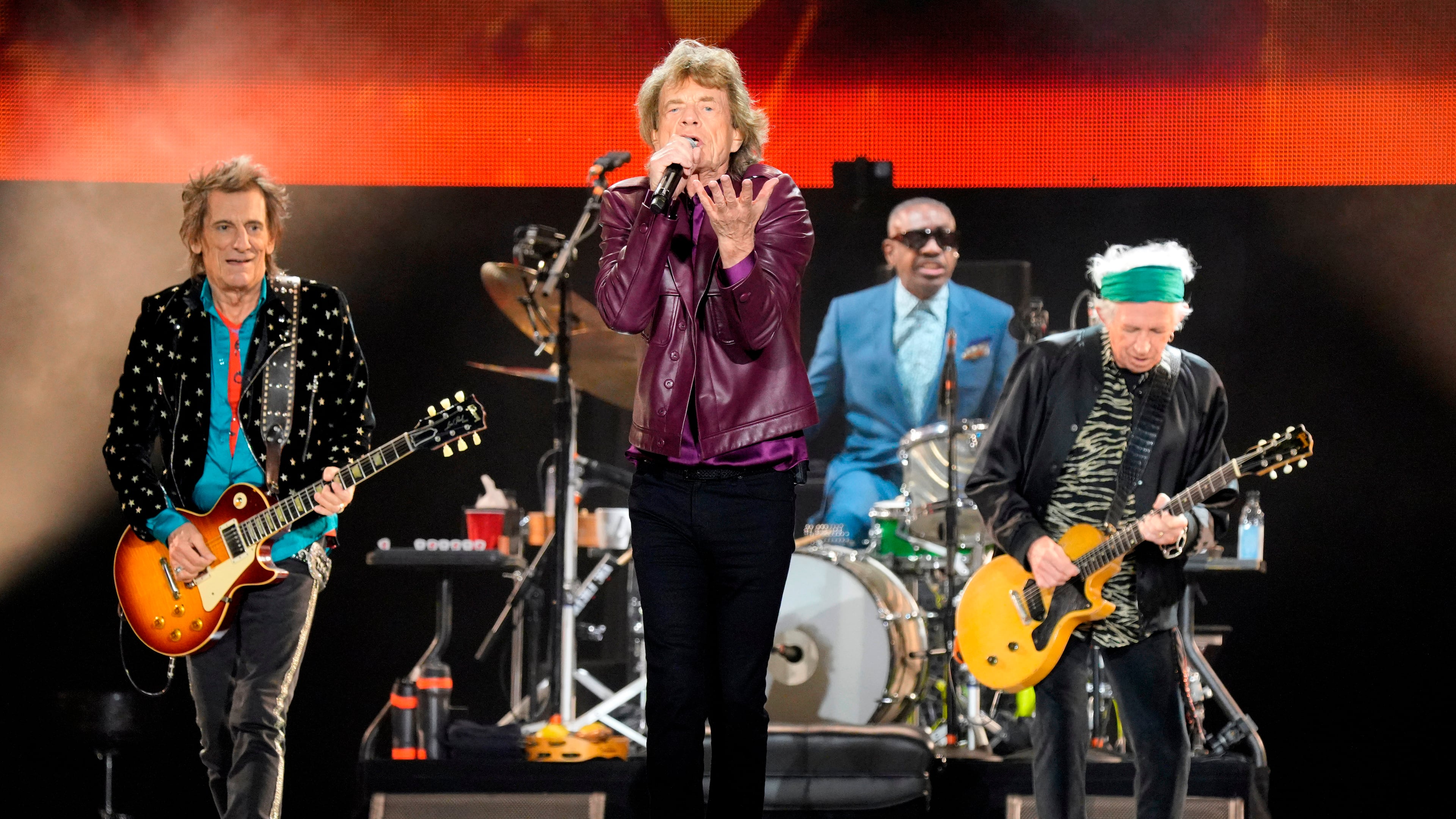 FILE - Ronnie Wood, from left, Mick Jagger, Steve Jordan, and Keith Richards of The Rolling Stones perform during the "Hackney Diamonds" tour on June 27, 2024, in Chicago. (Photo by Rob Grabowski/Invision/AP, File)
