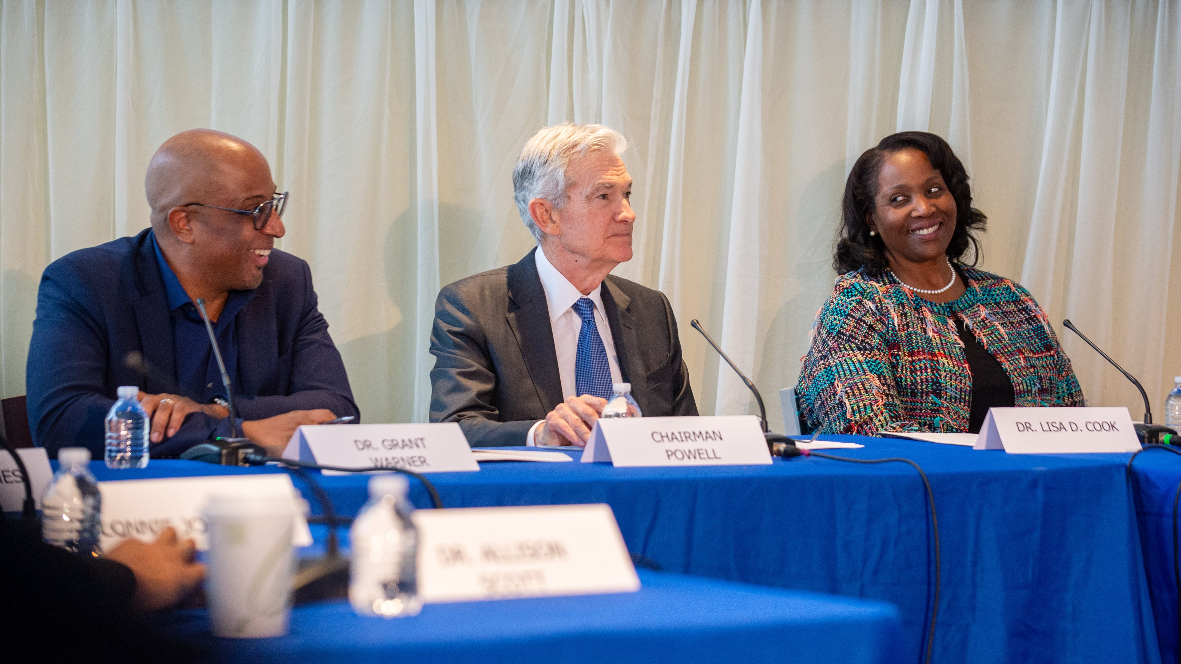 Grant Warner (from left), director of the Center for Black Entrepreneurship, Federal Reserve Chair Jerome Powell and Fed governor Lisa Cook participate in a roundtable discussion at Atlanta's Spelman College in December 2023. (Bita Honarvar/AJC 2023)