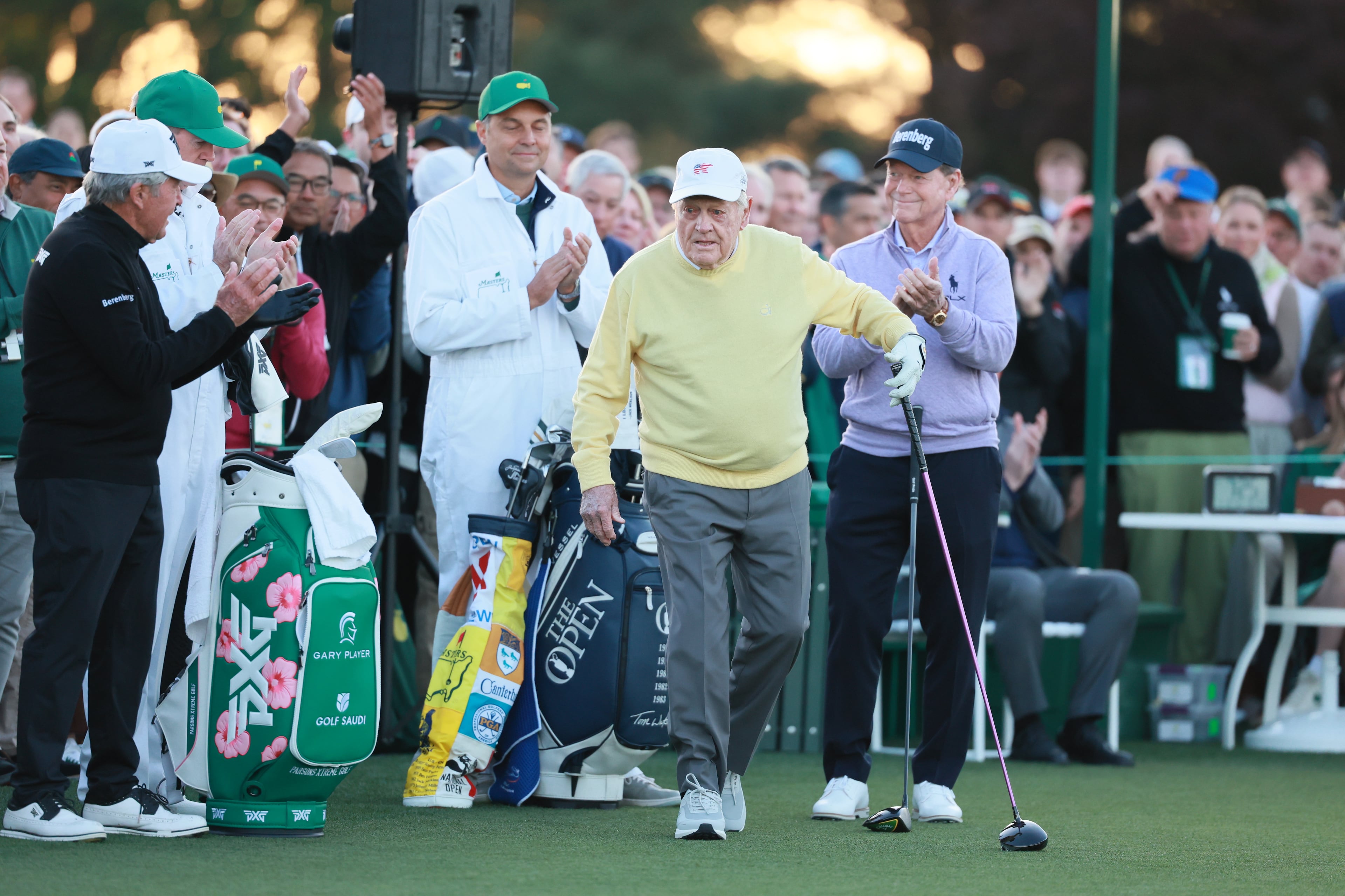 Gary Player (from left), Jack Nicklaus and Tom Watson were honorary starters for this year's Masters. (Jason Getz/AJC)