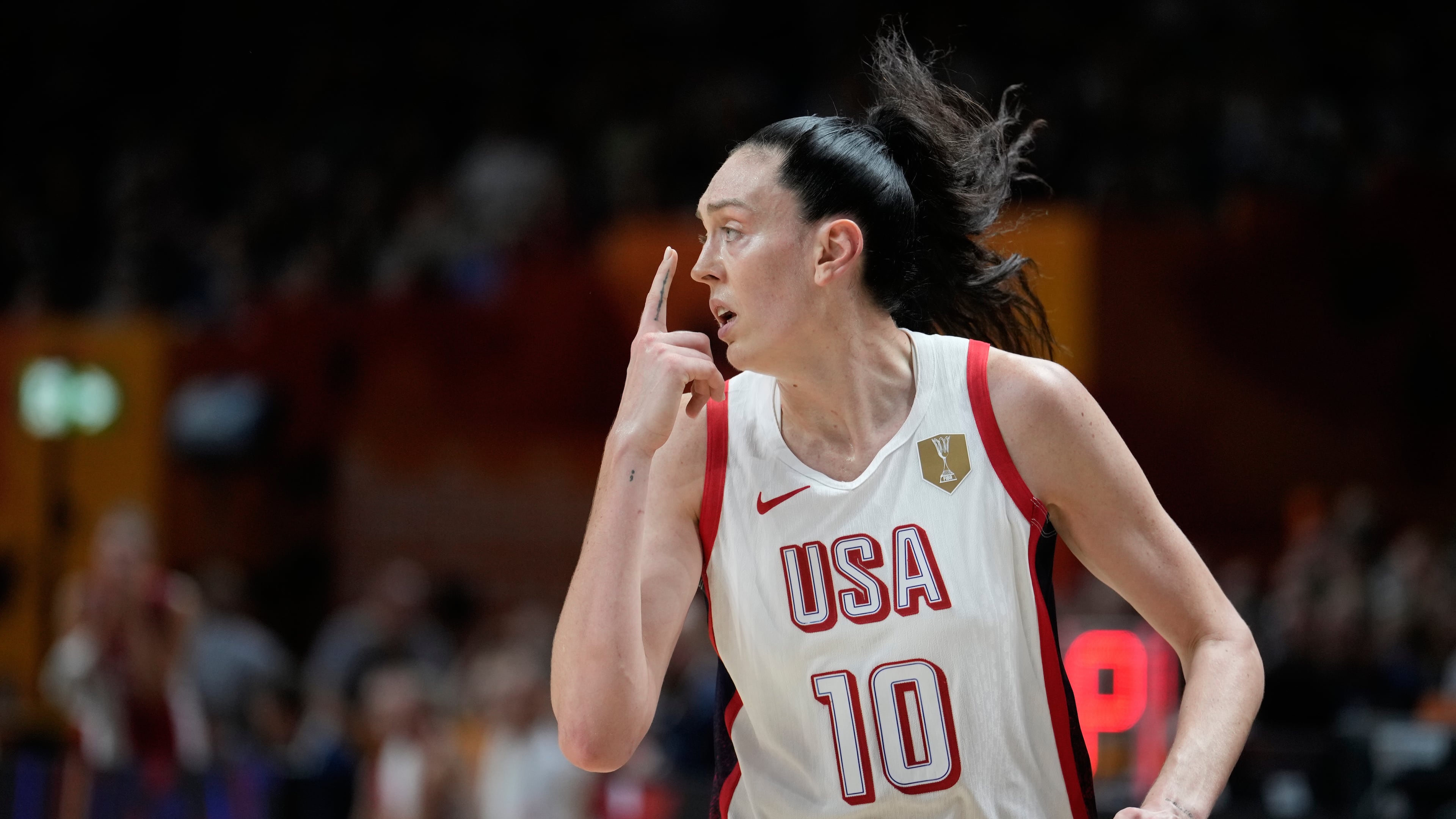 Breanna Stewart, of the United States, reacts during the Women's Basketball World Cup match between the United States and Czechia in Berlin, Monday, Sept. 7, 2026. (AP Photo/Ebrahim Noroozi)