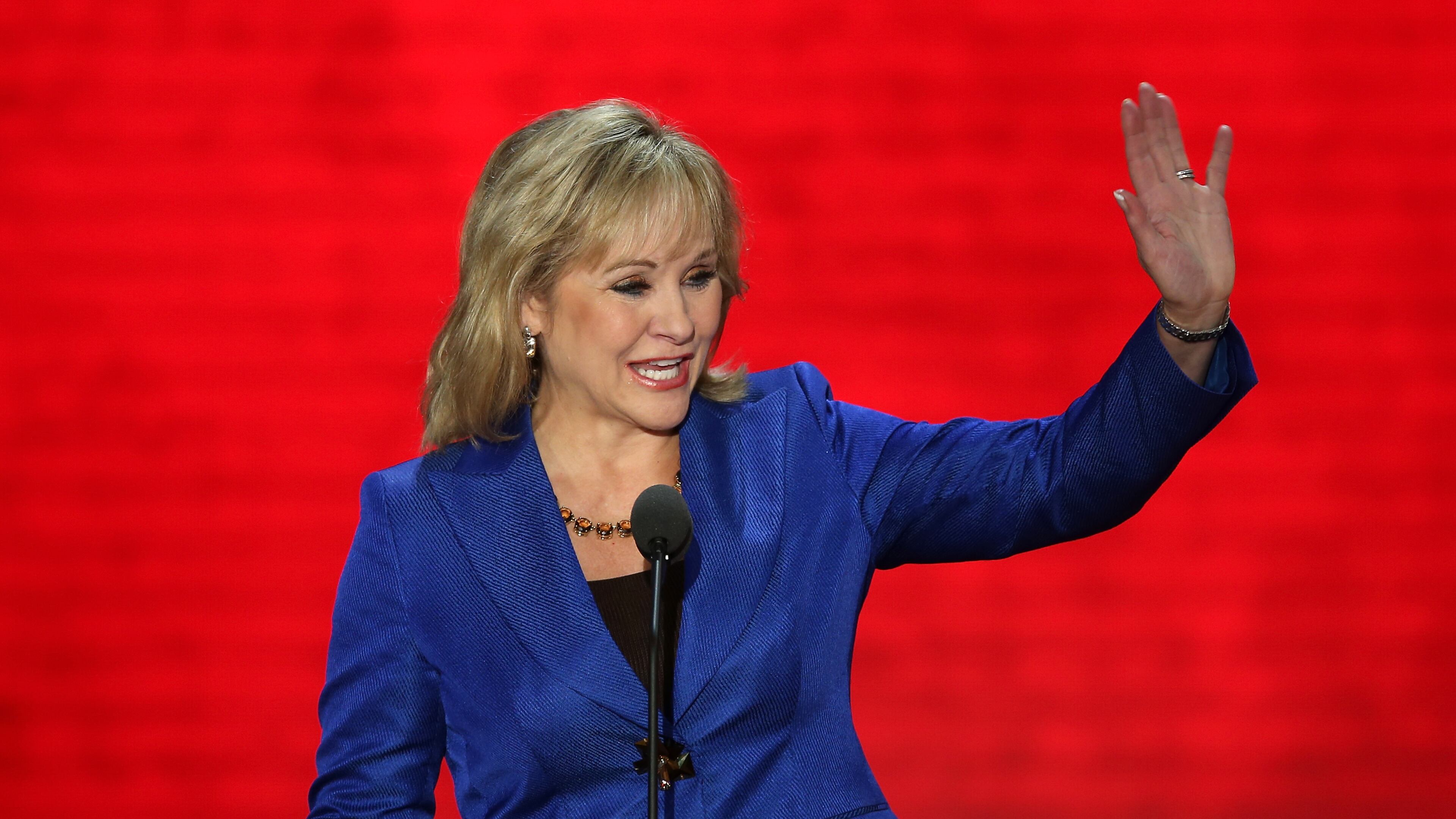 TAMPA, FL - AUGUST 28: Oklahoma Gov. Mary Fallin waves as she walks on stage during the Republican National Convention at the Tampa Bay Times Forum on August 28, 2012 in Tampa, Florida. Today is the first full session of the RNC after the start was delayed due to Tropical Storm Isaac. (Photo by Mark Wilson/Getty Images)