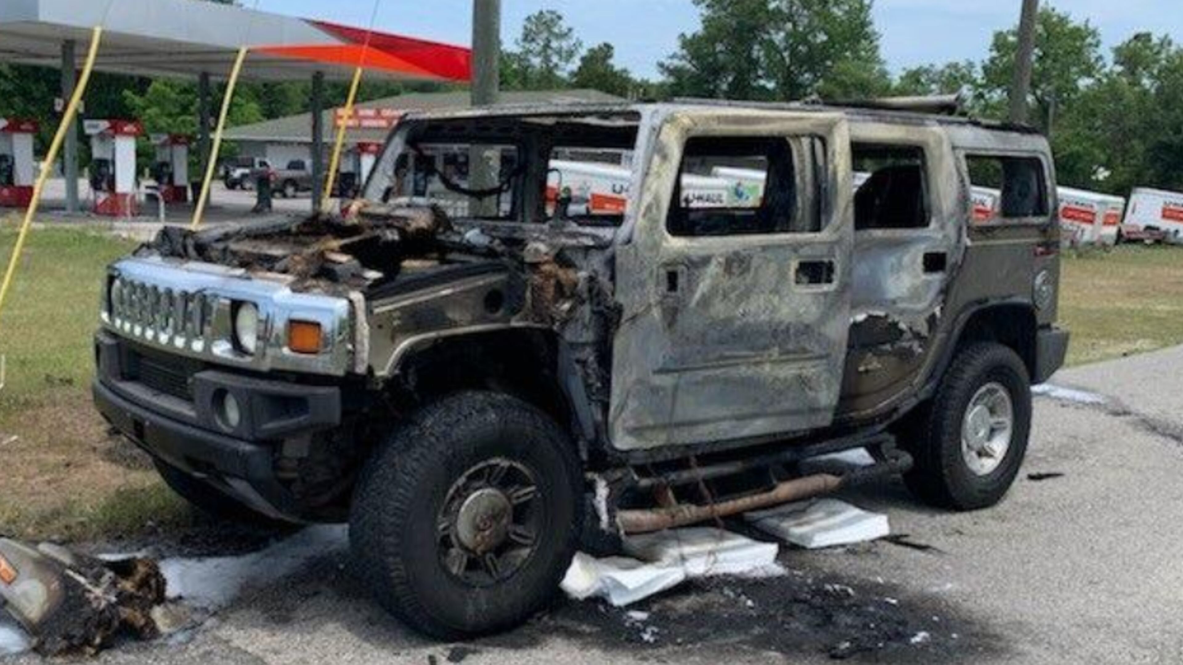 A Hummer was destroyed and the driver was injured in a vehicle fire Wednesday in Homosassa, Florida, according to the Citrus County Chronicle. (Image: Citrus County Fire Rescue)