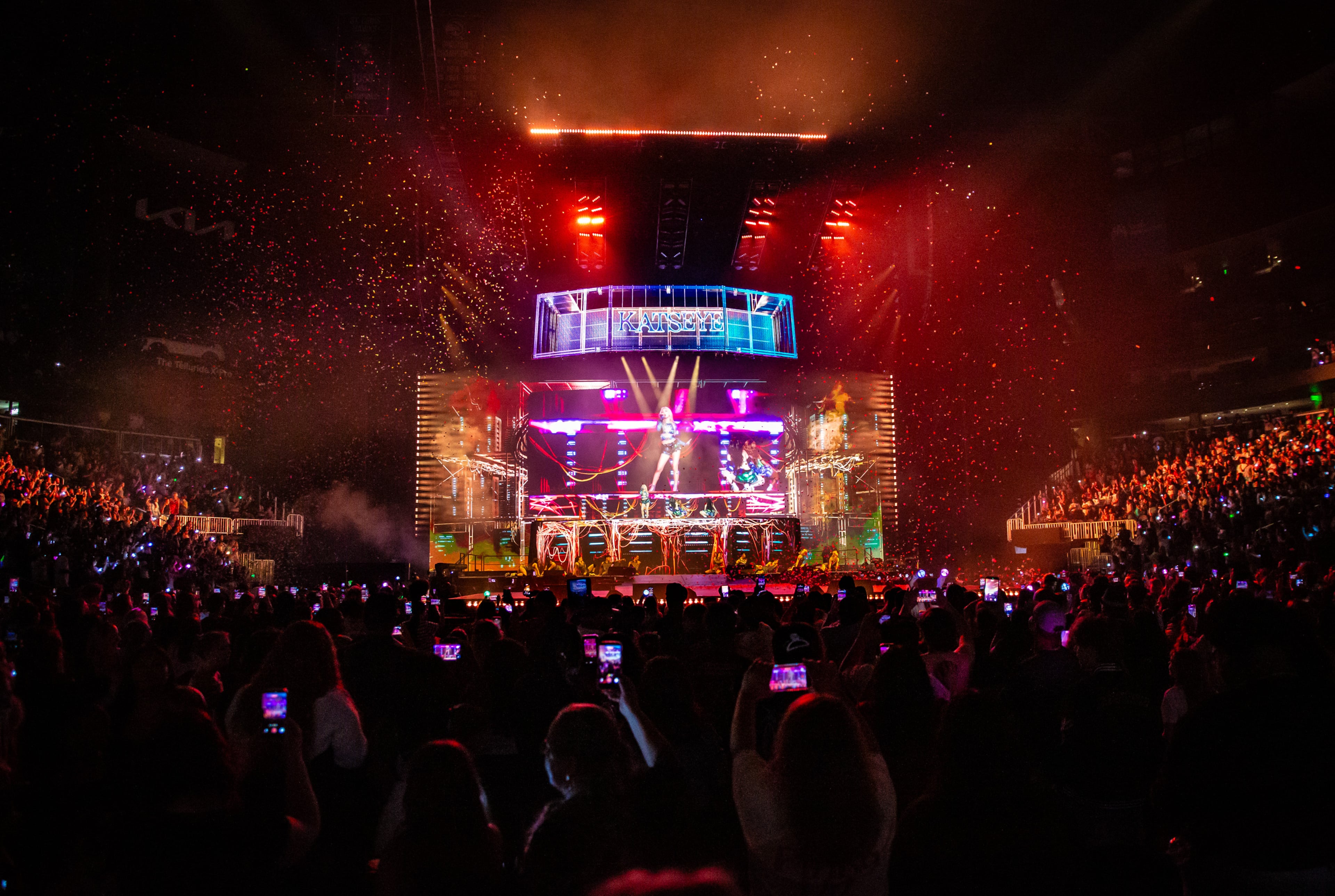 The stage could not contain Katseye, whose members stepped into the audience for 10 solid minutes during the show to greet “eyekons” (as the group's fans are called). (Ryan Fleisher for the AJC)