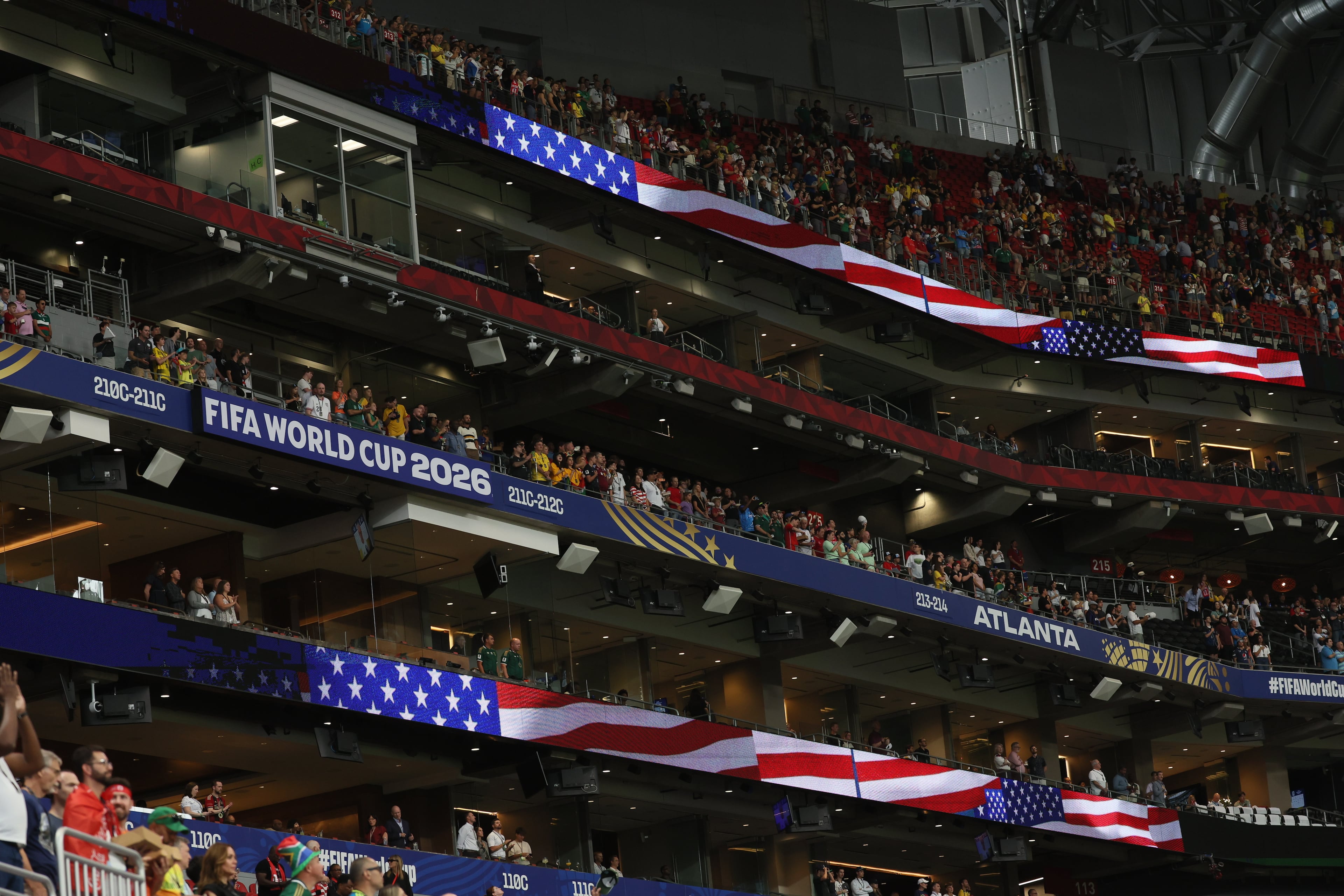 Fans stand for the U.S. national anthem before the Czechia vs. South Africa World Cup match at Atlanta Stadium on Thursday, June 18, 2026. (Jason Getz/AJC)