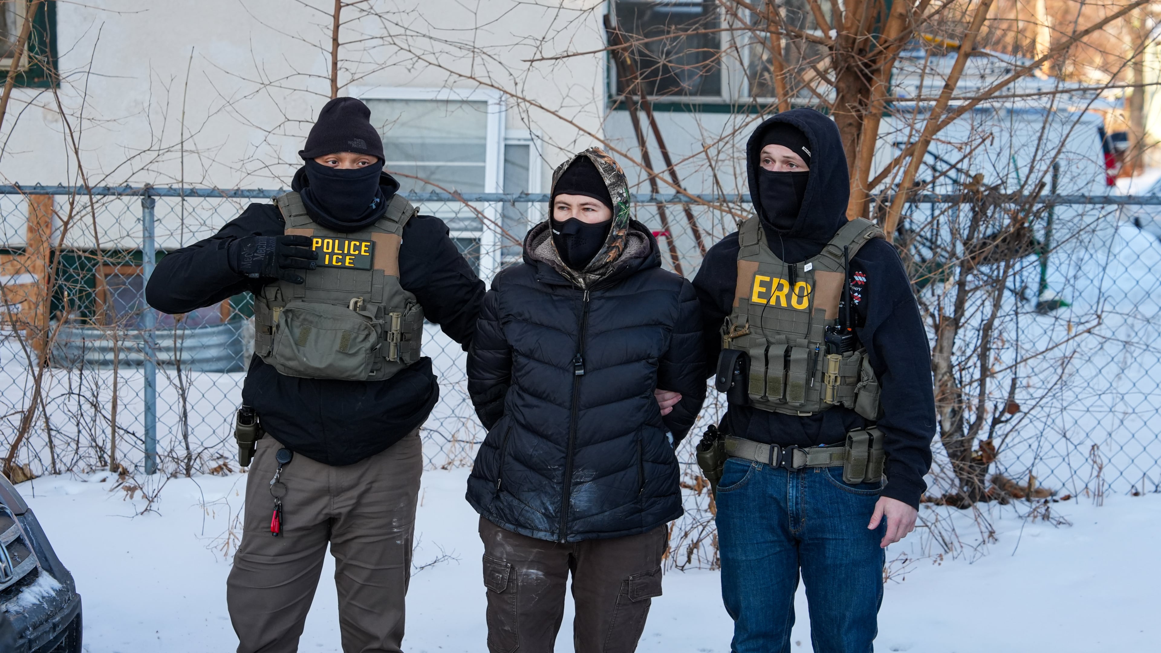 An activist is detained by federal agents on Tuesday, Feb. 3, 2026, in Minneapolis. (AP Photo/Ryan Murphy)