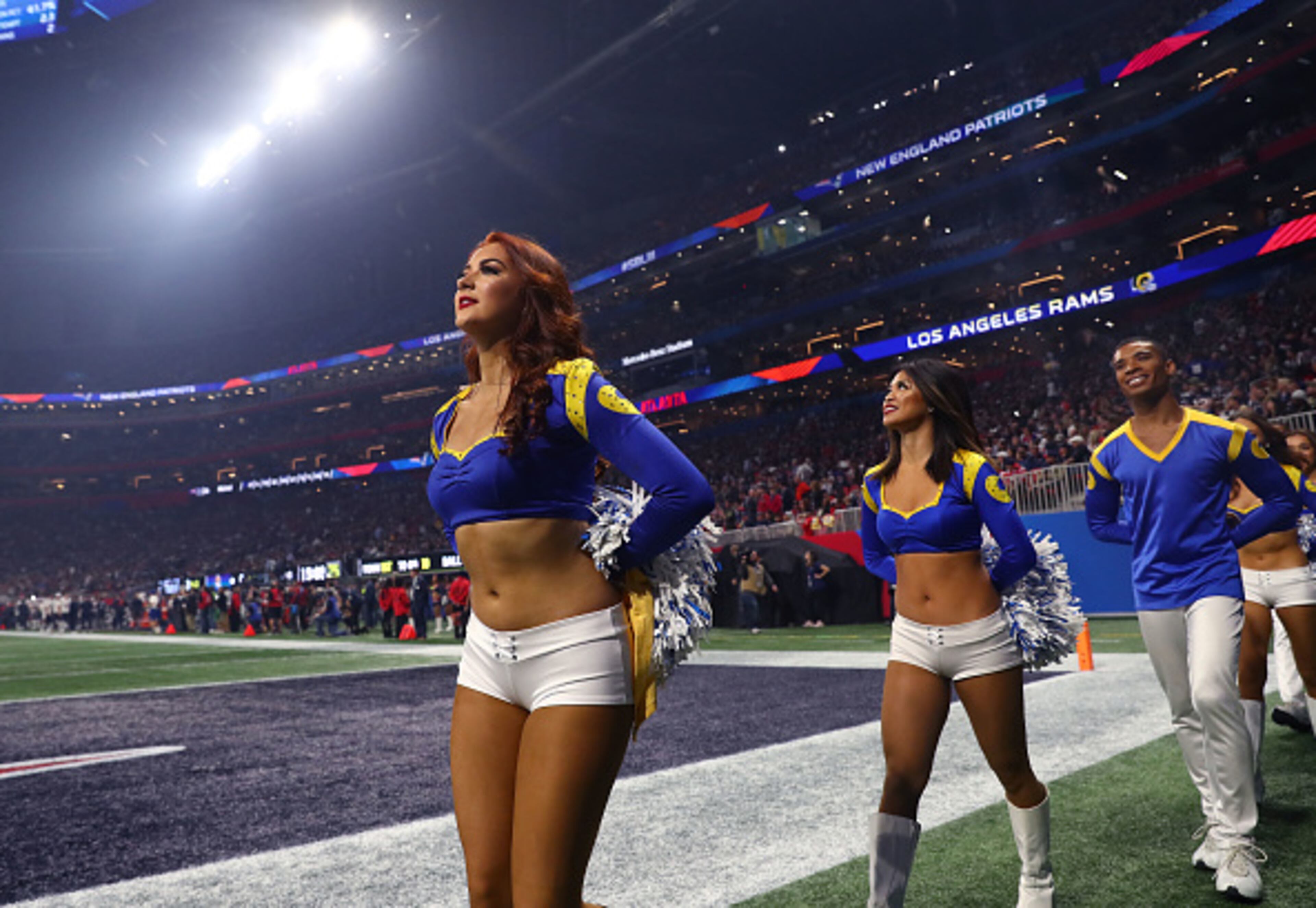ATLANTA, GEORGIA - FEBRUARY 03: The Los Angeles Rams cheerleaders perform during Super Bowl LIII at Mercedes-Benz Stadium on February 03, 2019 in Atlanta, Georgia. (Photo by Maddie Meyer/Getty Images)