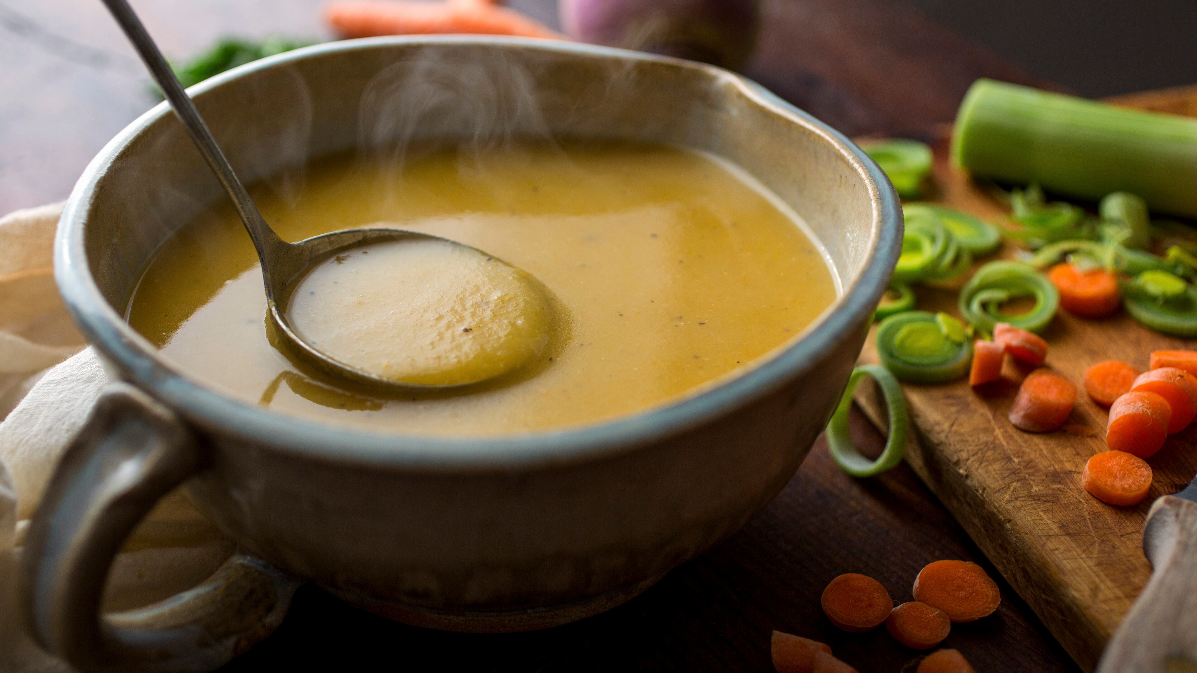 A winter vegetable soup with turnips, carrots, potatoes and leeks in New York, in January, 2016. Using a food mill instead of a blender results in a flavorful, colorful mixture you can almost chew on.
