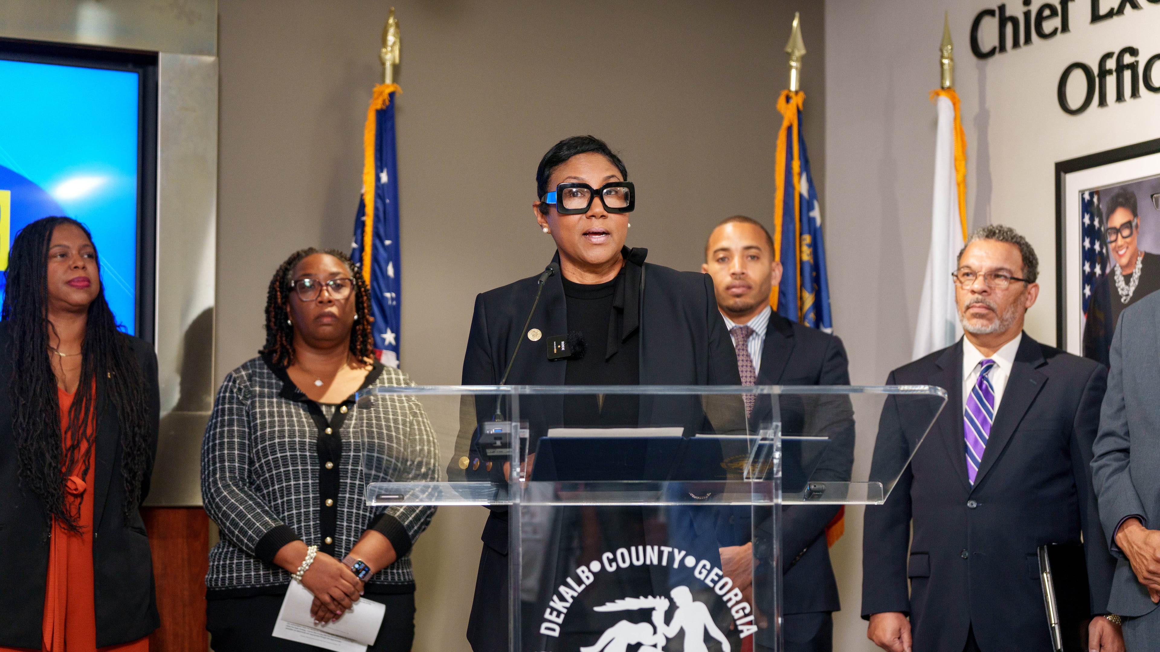 DeKalb County Chief Executive Officer Lorraine Cochran-Johnson speaks Thursday, Oct. 1, 2026, about the county's legal action against limited liability companies associated with film studio founder Ryan Millsap. (Ben Hendren for the AJC)