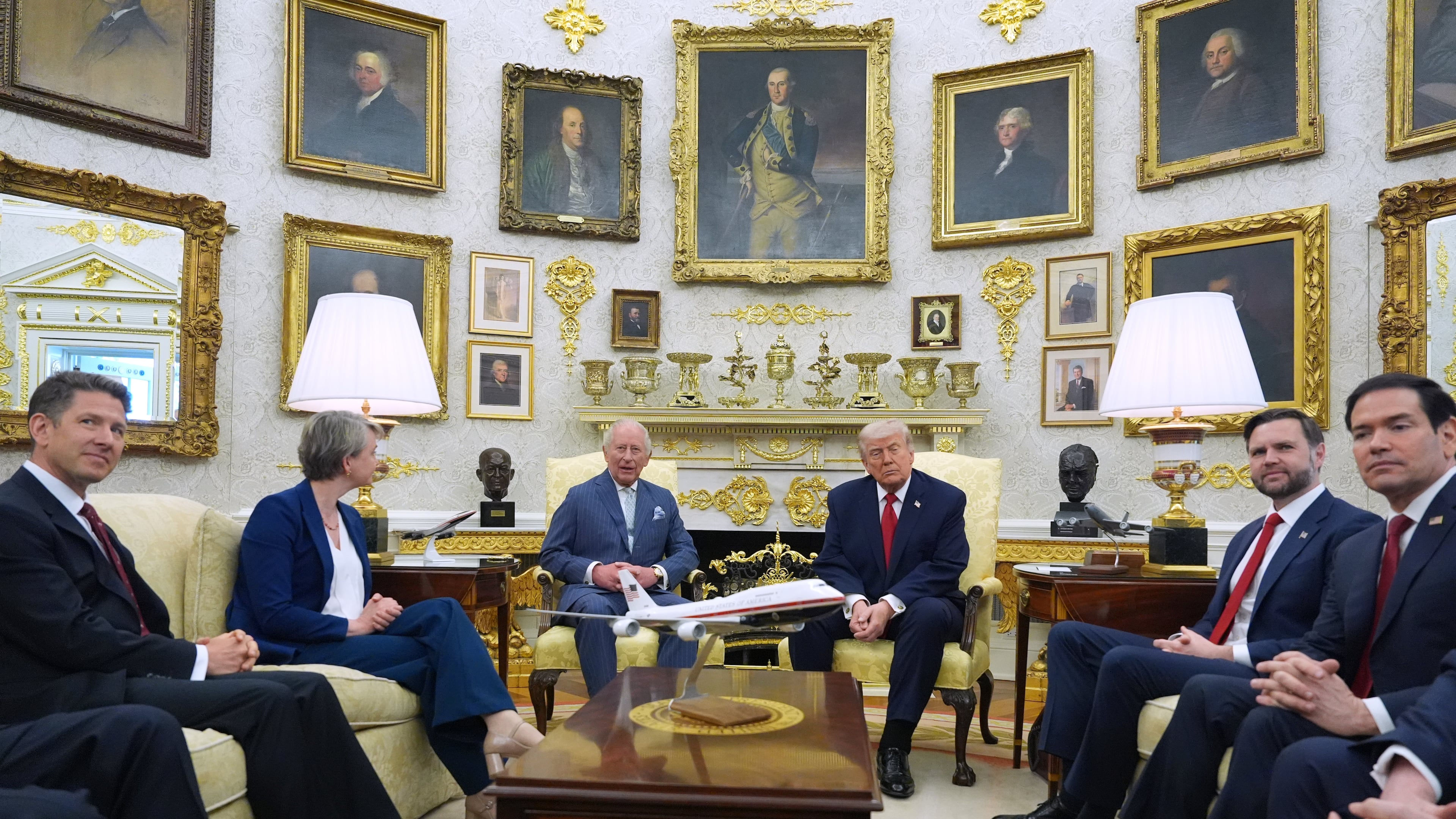 President Donald Trump and Britain's King Charles III meet in the Oval Office of the White House, Tuesday, April 28, 2026, in Washington, during a State Visit, with Britain's Ambassador to the U.S. Christian Turner, Britain's Foreign Secretary Yvette Cooper, Vice President JD Vance and Secretary of State Marco Rubio. (AP Photo/Alex Brandon)