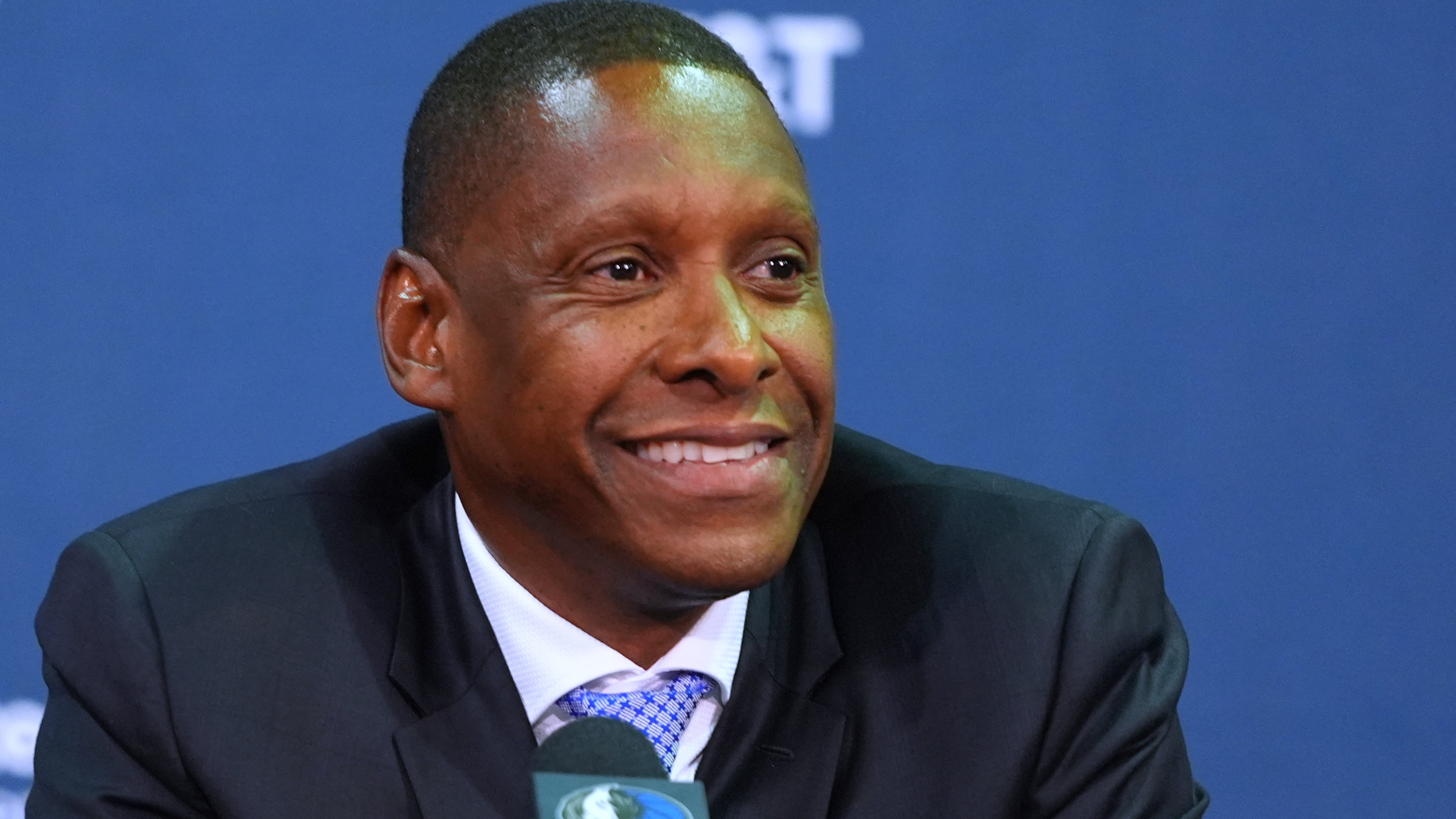 Dallas Mavericks' new team president Masai Ujiri smiles during an introductory NBA basketball news conference in Dallas, Tuesday, May 5, 2026. (AP Photo/LM Otero)