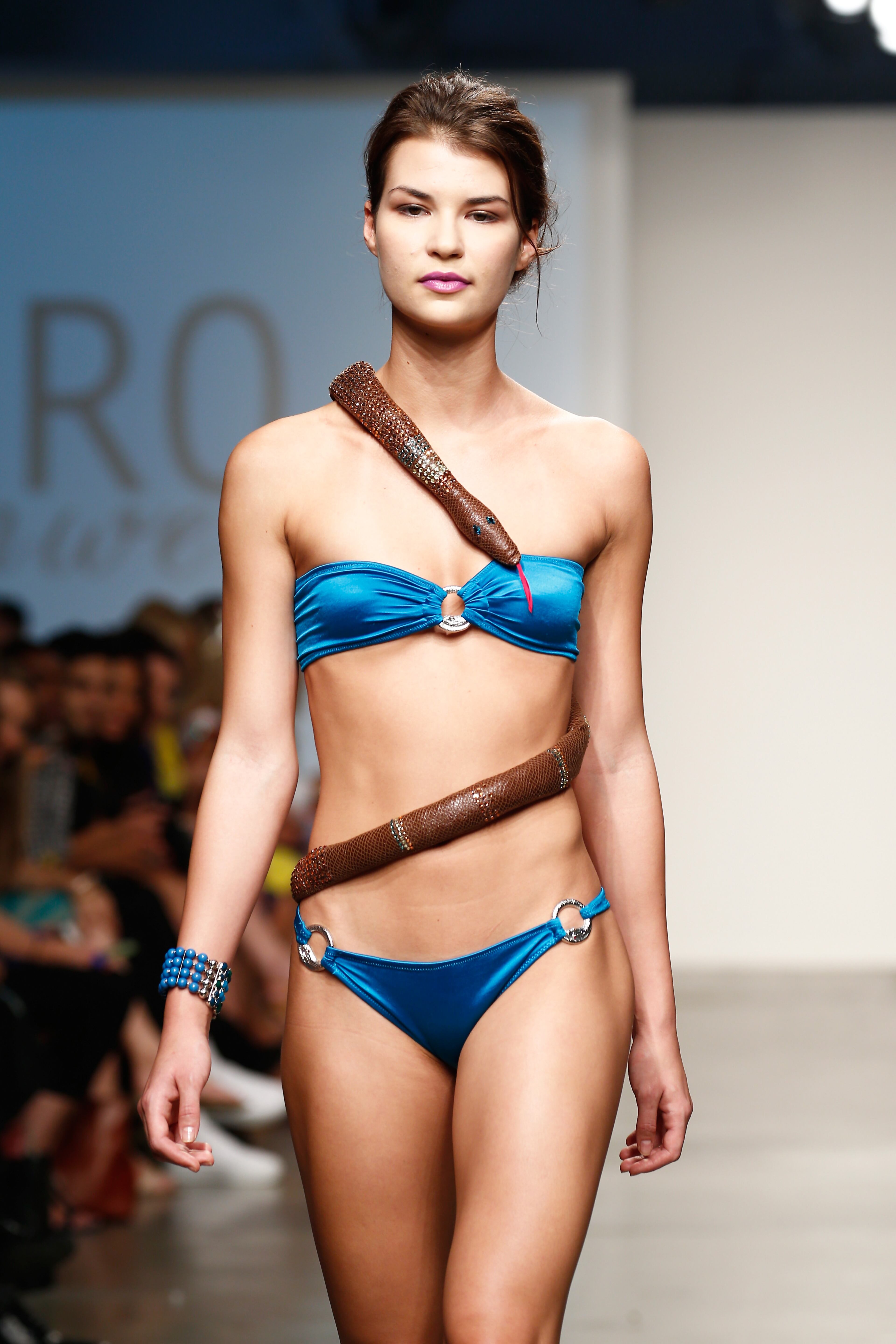 A model walks the runway at the Karo Swimwear show during Nolcha Fashion Week New York Spring/Summer 2014 presented by RUSK at Pier 59 Studios on Sept. 11, 2013, in New York City.