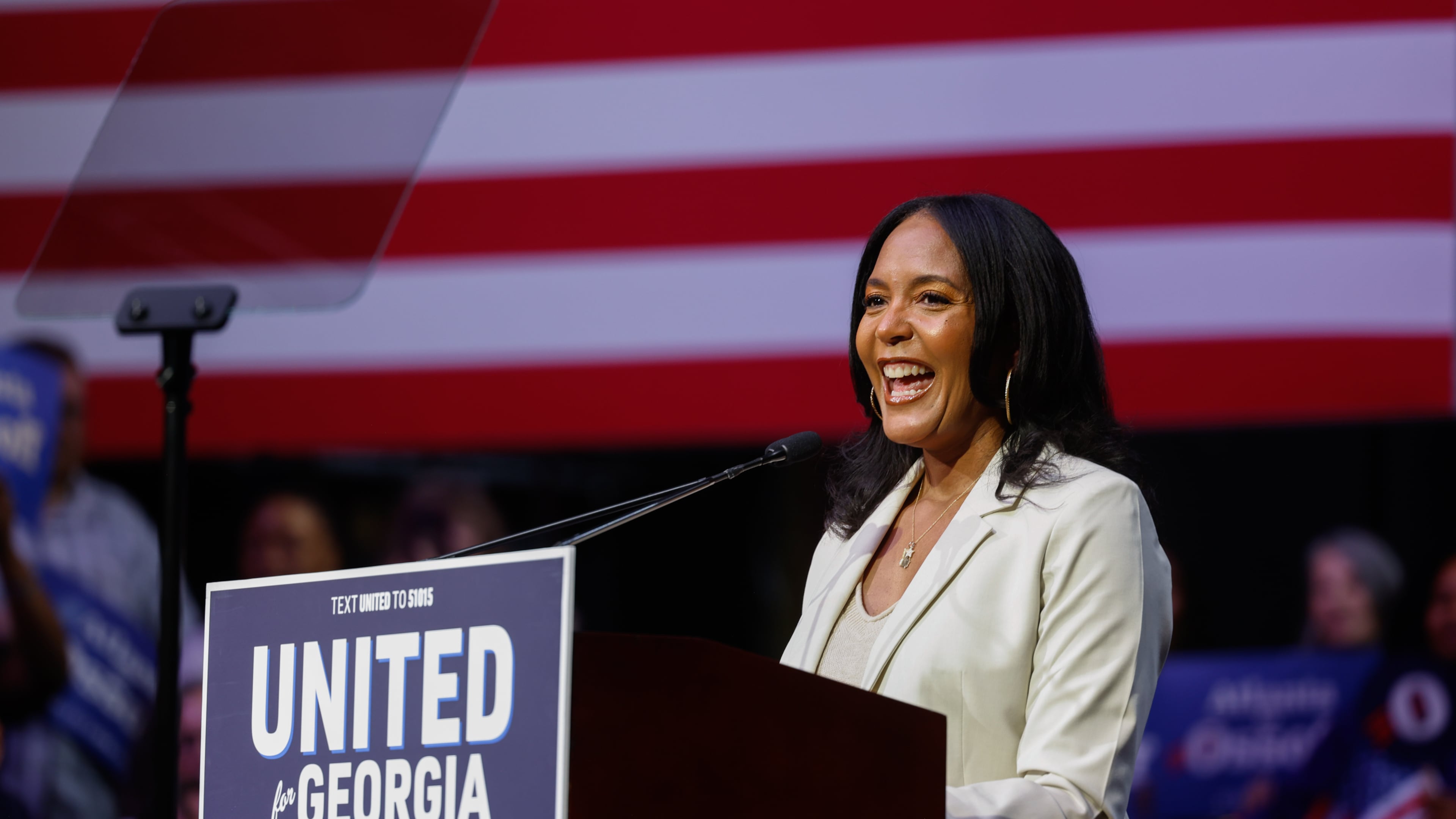 Democratic nominee for governor Keisha Lance Bottoms speaks at a joint campaign rally with U.S. Sen. Jon Ossoff at the Tabernacle last month. (Arvin Temkar/AJC)