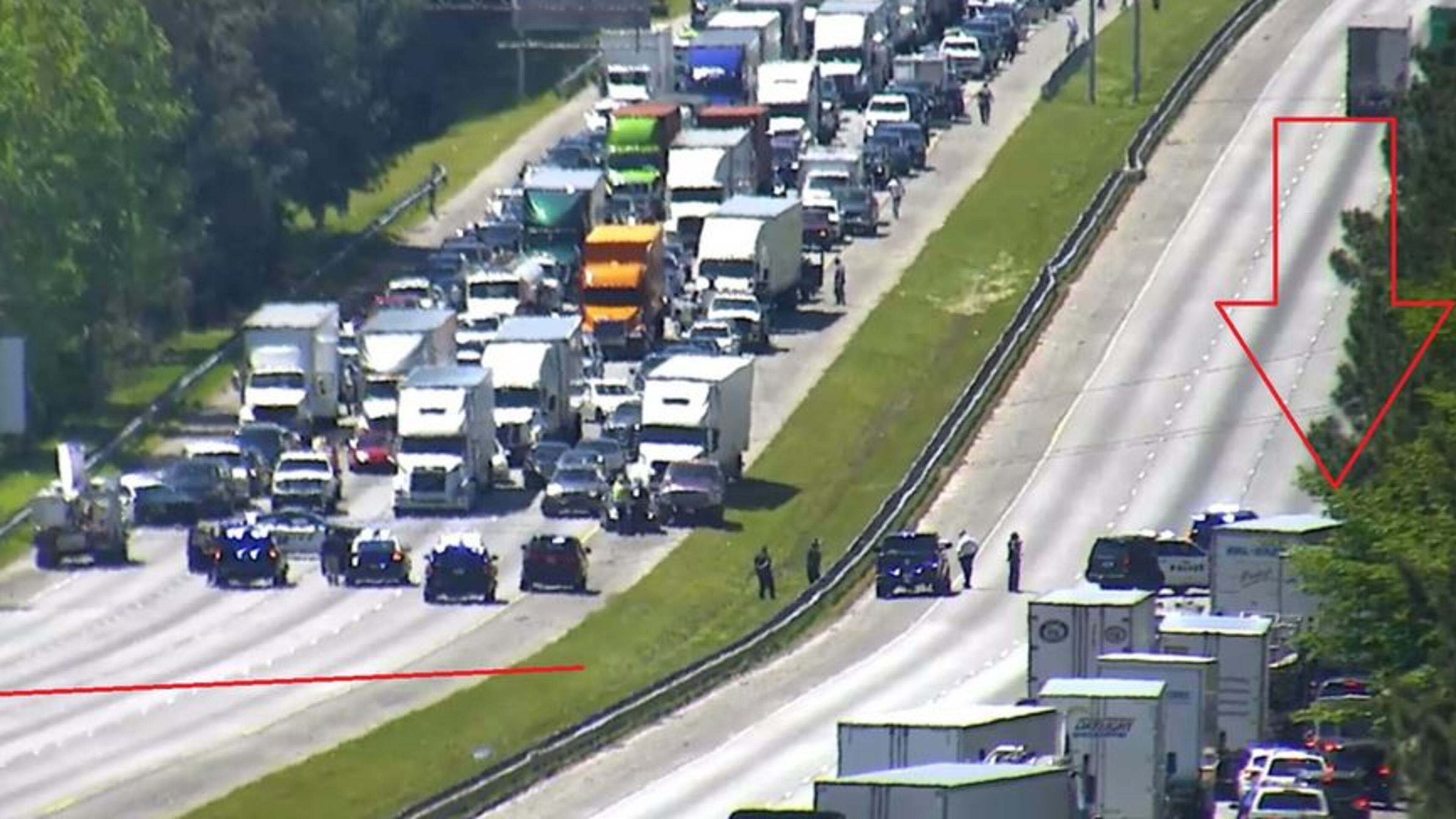 Downed power lines blocked I-20 in Douglasville for more than two hours Tuesday.