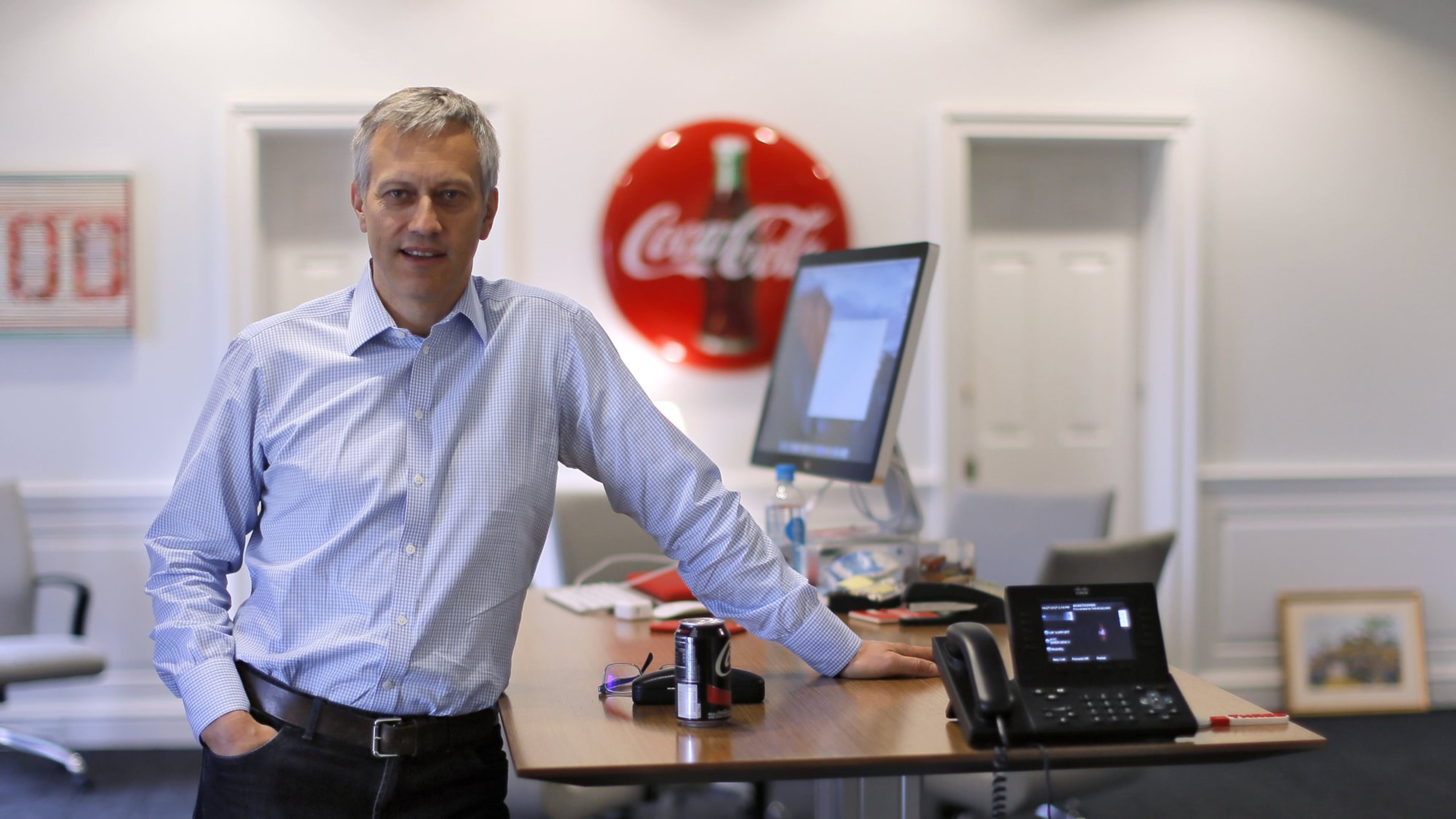 James Quincey in his office at Coca-Cola’s Atlanta headquarters. He became Coke’s chief executive officer on May 1, succeeding Muhtar Kent. BOB ANDRES /BANDRES@AJC.COM