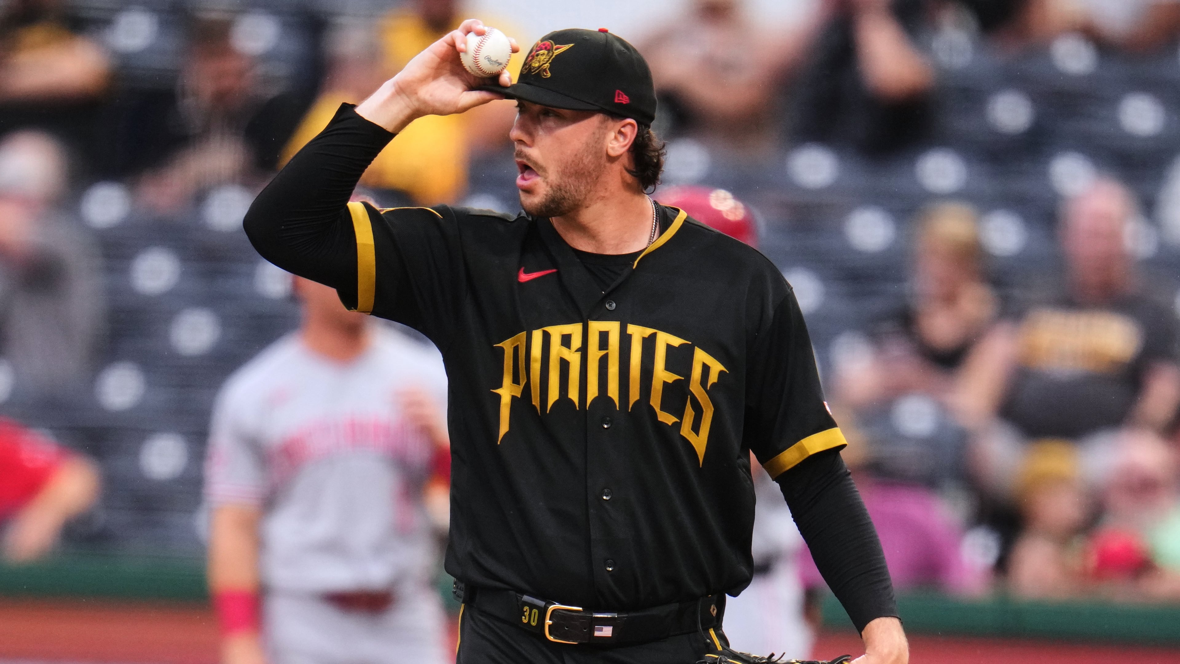 Pittsburgh Pirates pitcher Paul Skenes collects himself on the mound during the second inning of a baseball game against the Cincinnati Reds in Pittsburgh, Friday, June 26, 2026. (AP Photo/Gene J. Puskar)