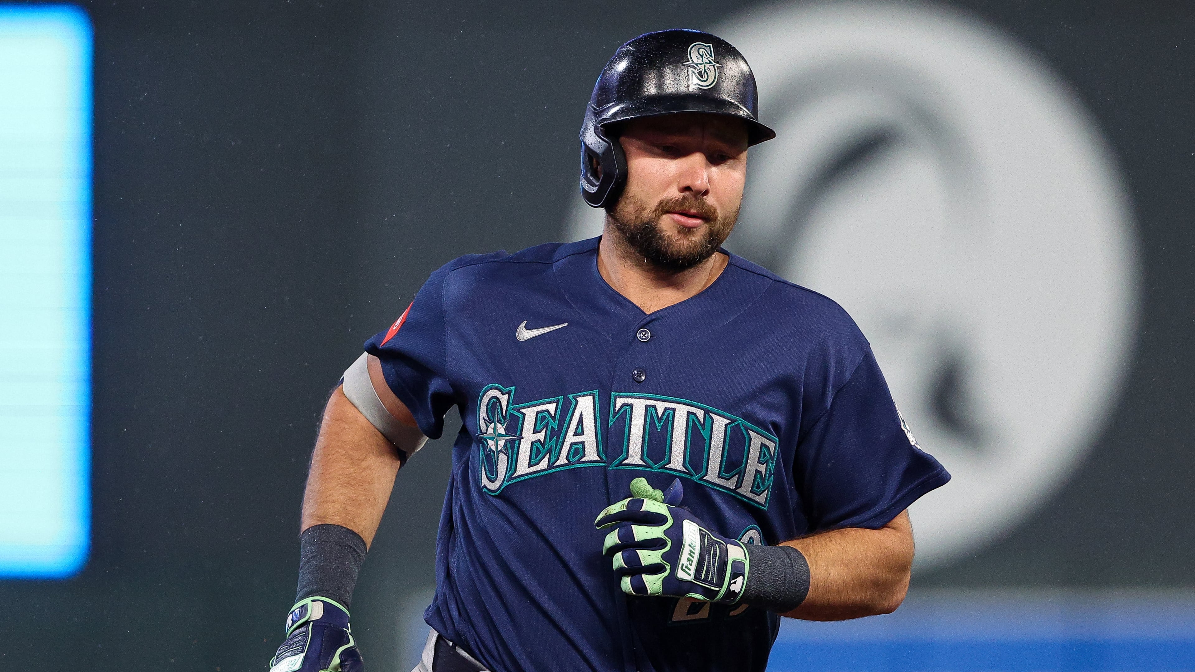 Seattle Mariners designated hitter Cal Raleigh runs the bases after hitting a two-run home run against the Minnesota Twins during the eighth inning of a baseball game, Monday, April 27, 2026, in Minneapolis. (AP Photo/Matt Krohn)