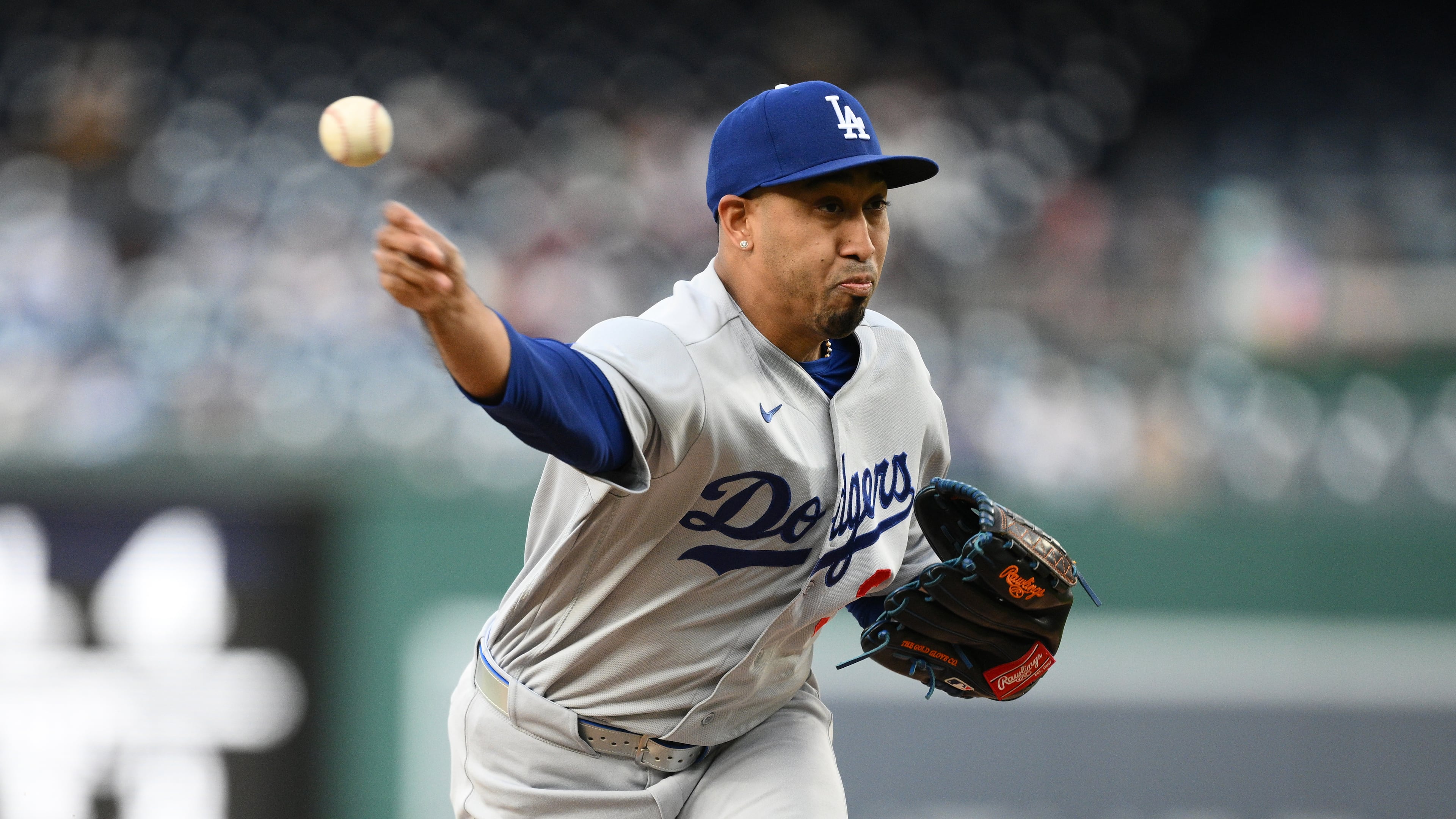 Los Angeles Dodgers relief pitcher Edwin Diaz (3) throws during the ninth inning of a baseball game against the Washington Nationals, Sunday, April 5, 2026, in Washington. (AP Photo/Nick Wass)