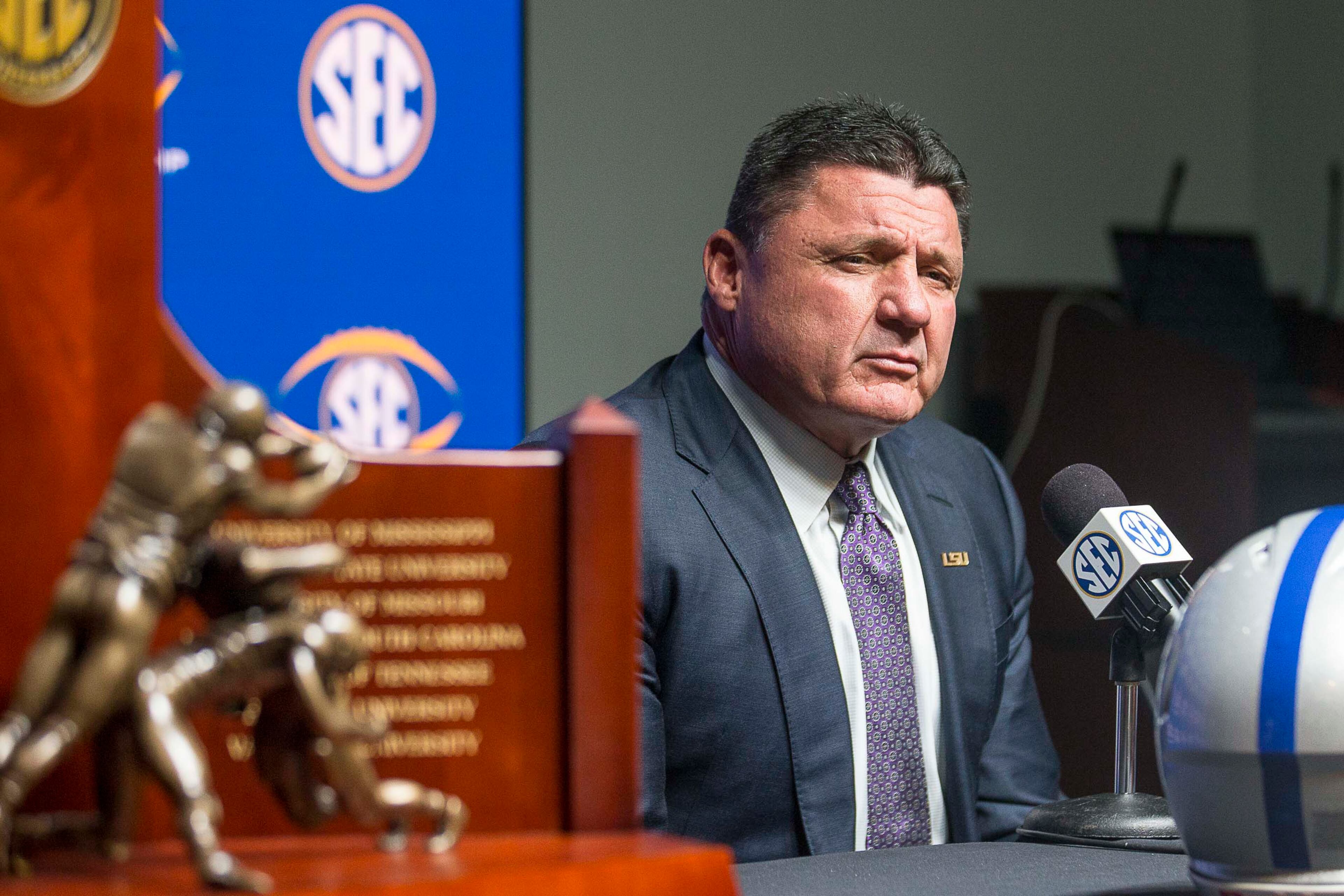 Louisiana Sate University Tigers head coach Ed Orgeron answers questions during a presser at Mercedes-Benz Stadium, Friday, December 6, 2019. The University of Georgia Bulldogs will take on the Louisiana State University Tigers during the SEC Championship game on Saturday. (ALYSSA POINTER/ALYSSA.POINTER@AJC.COM)