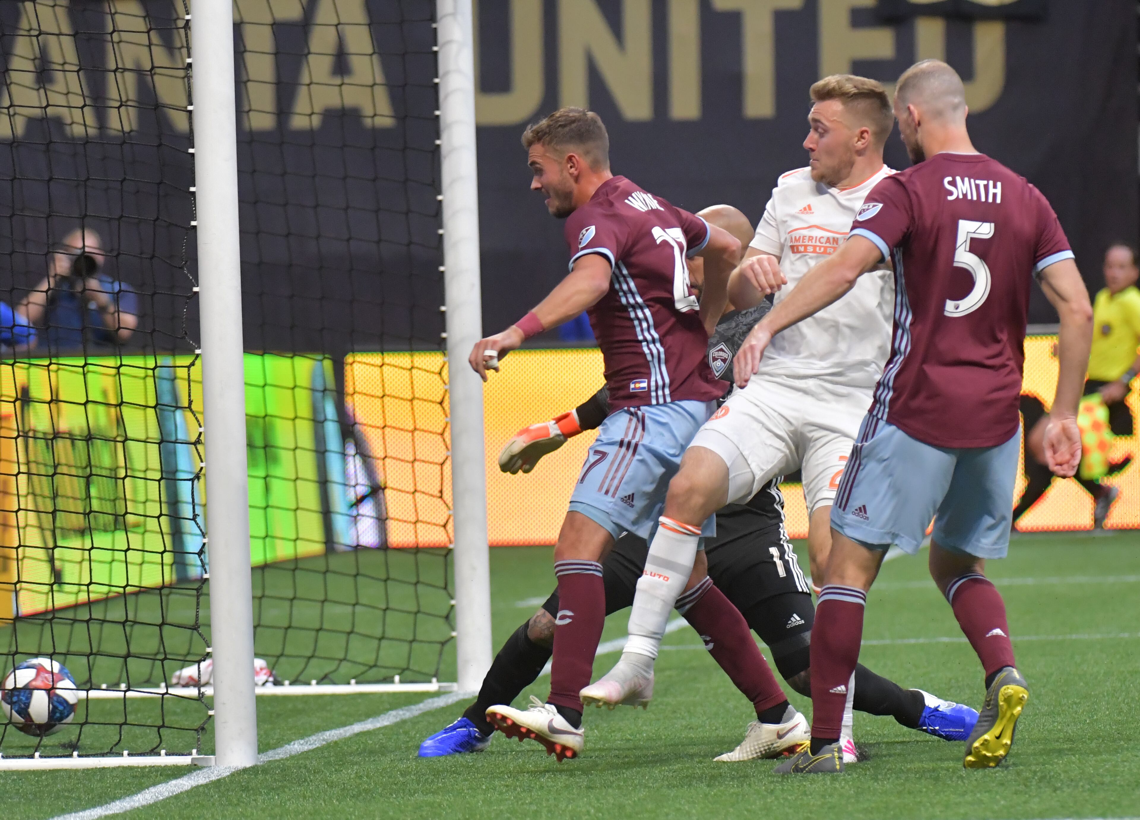 April 27, 2019 Atlanta - Atlanta United defender Julian Gressel (24) makes a shot on goal assisted by Atlanta United defender Leandro Gonzalez (5) during the second half in a MLS soccer match at Mercedes-Benz Stadium in Atlanta on Saturday, April 27, 2019. Atlanta United won 1-0 over the Colorado Rapids. HYOSUB SHIN / HSHIN@AJC.COM